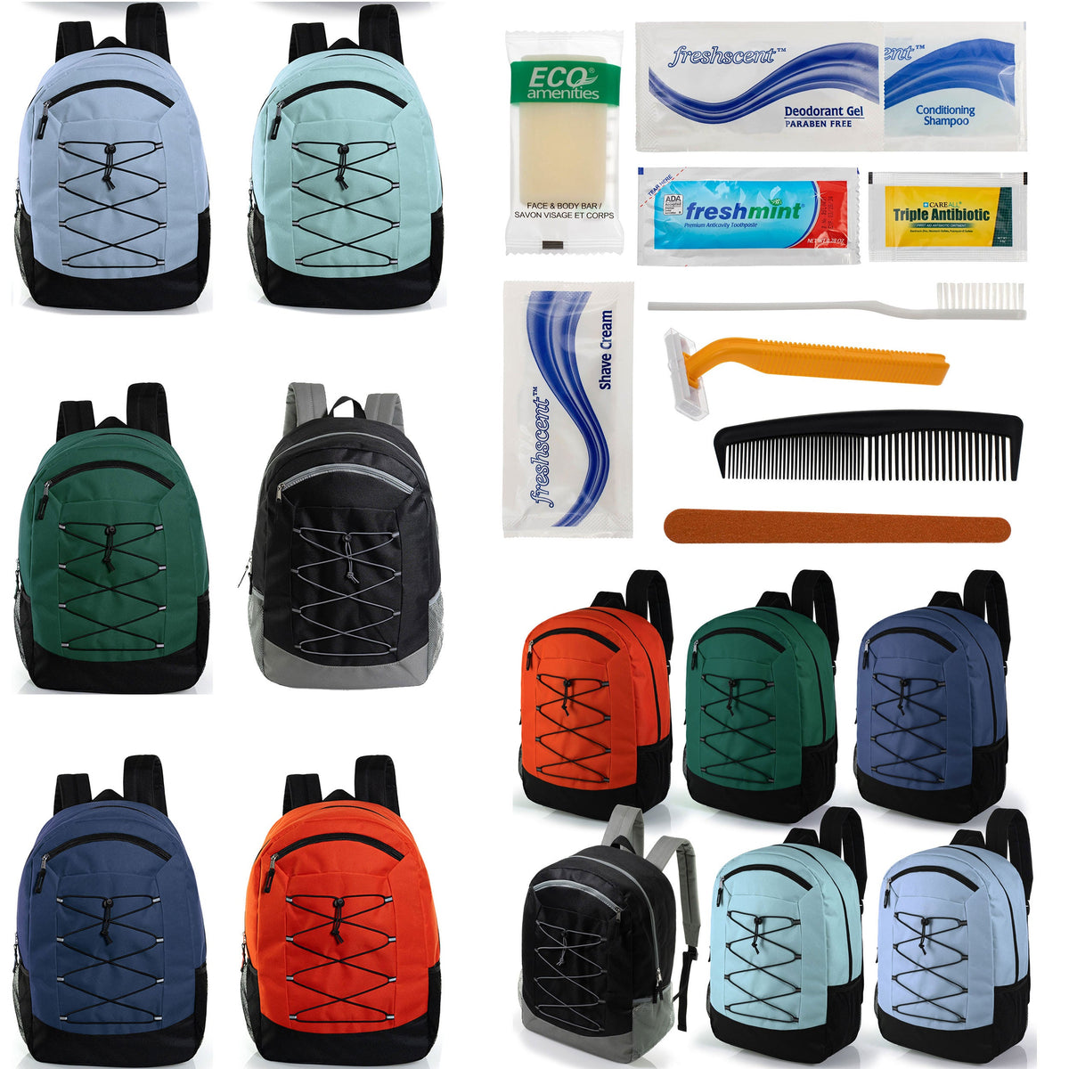 12 Deluxe Padded Large 19" Backpacks with a Laptop Sleeve & Your Choice of 12 Bulk Hygiene Kits - Wholesale Care Package: Homeless, Emergency, Charity