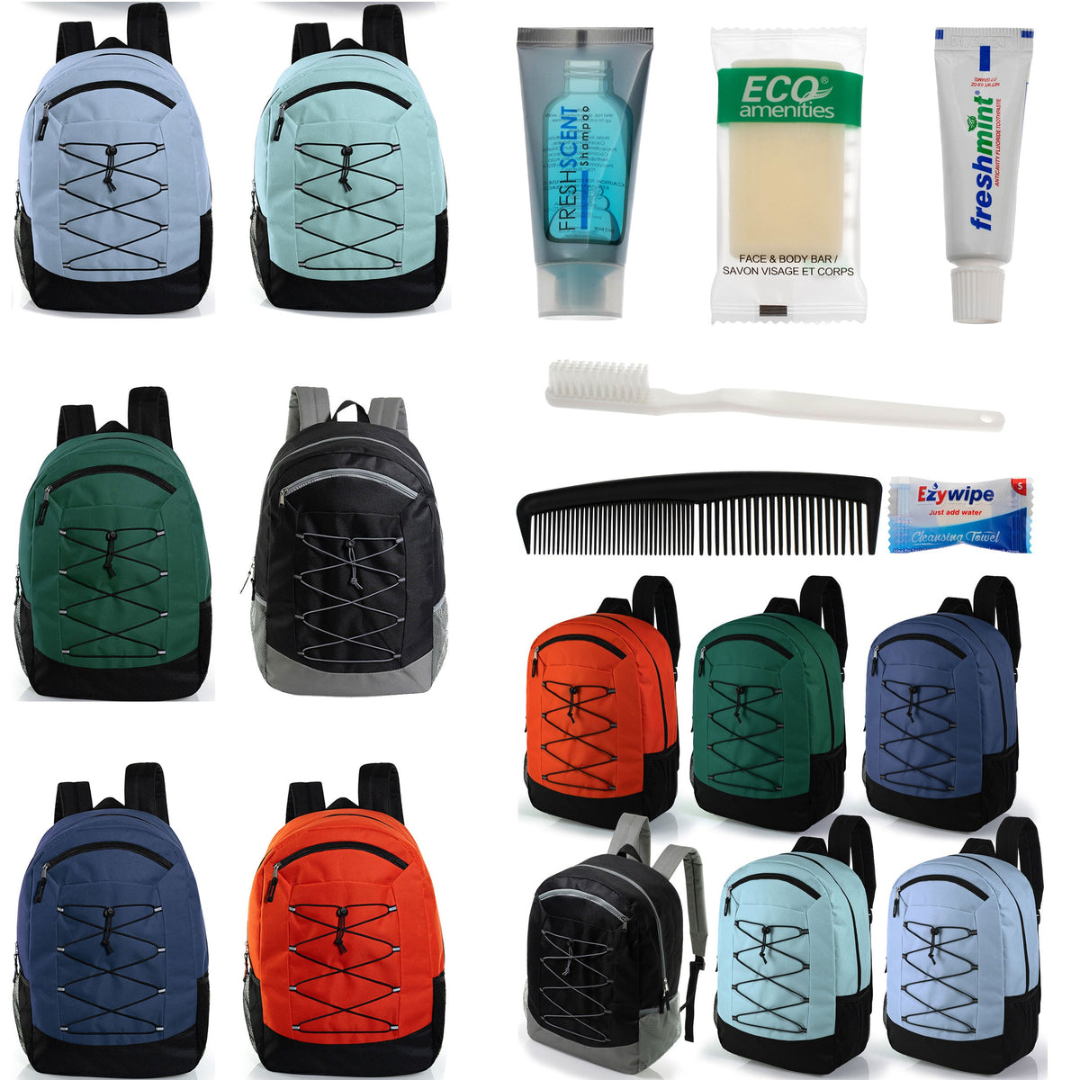 12 Deluxe Padded Large 19" Backpacks with a Laptop Sleeve & Your Choice of 12 Bulk Hygiene Kits - Wholesale Care Package: Homeless, Emergency, Charity