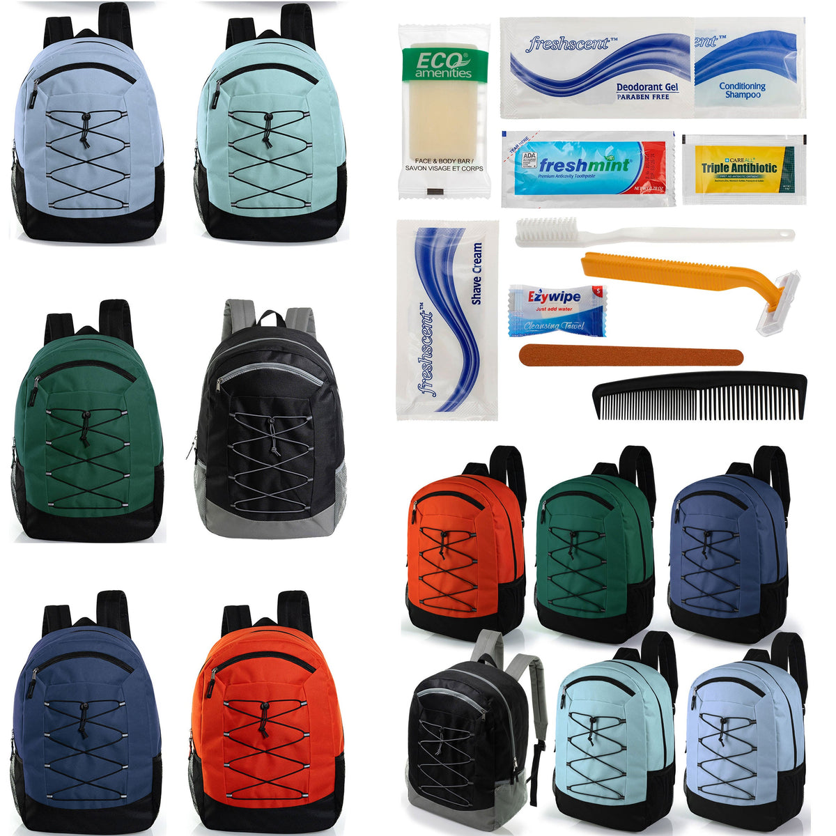 12 Deluxe Padded Large 19" Backpacks with a Laptop Sleeve & Your Choice of 12 Bulk Hygiene Kits - Wholesale Care Package: Homeless, Emergency, Charity