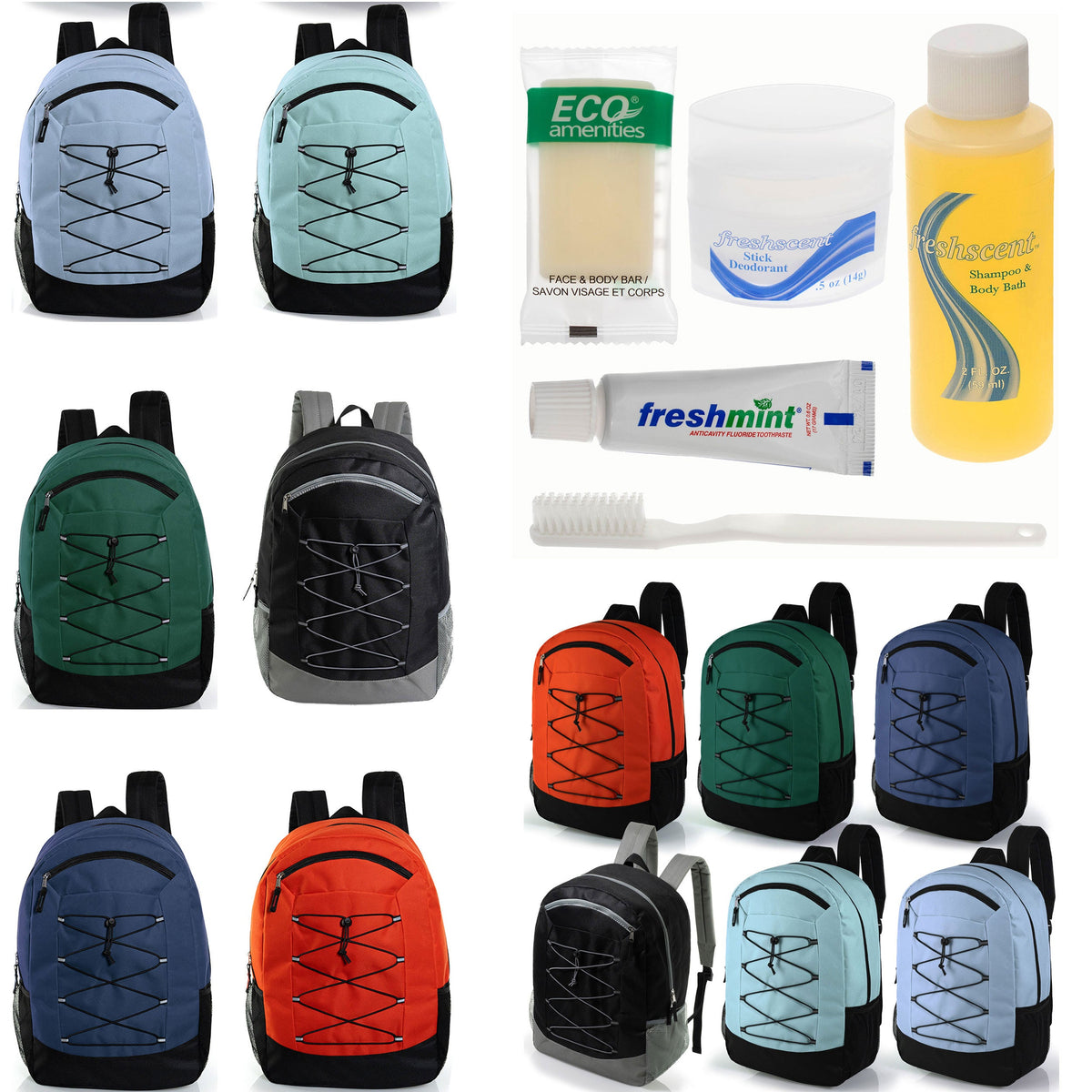 12 Deluxe Padded Large 19" Backpacks with a Laptop Sleeve & Your Choice of 12 Bulk Hygiene Kits - Wholesale Care Package: Homeless, Emergency, Charity