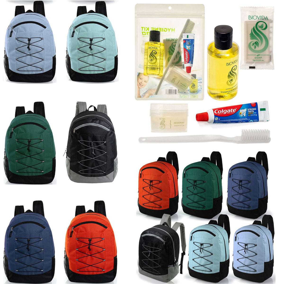 12 Deluxe Padded Large 19" Backpacks with a Laptop Sleeve & Your Choice of 12 Bulk Hygiene Kits - Wholesale Care Package: Homeless, Emergency, Charity
