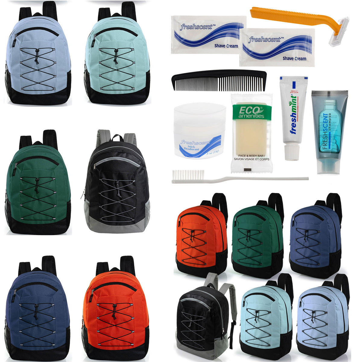12 Deluxe Padded Large 19" Backpacks with a Laptop Sleeve & Your Choice of 12 Bulk Hygiene Kits - Wholesale Care Package: Homeless, Emergency, Charity