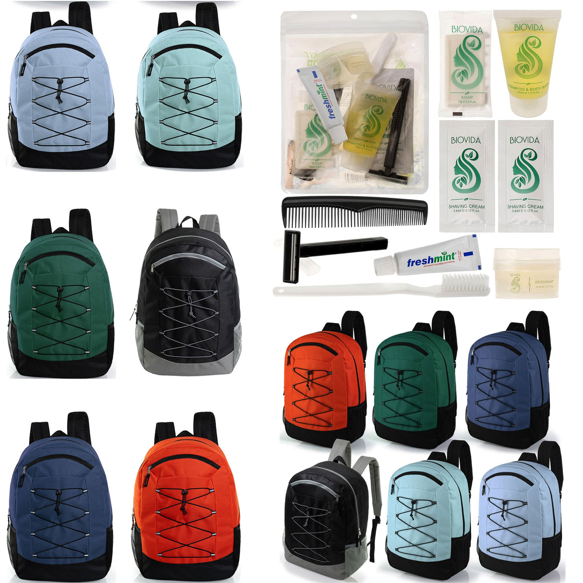 12 Deluxe Padded Large 19" Backpacks with a Laptop Sleeve & Your Choice of 12 Bulk Hygiene Kits - Wholesale Care Package: Homeless, Emergency, Charity