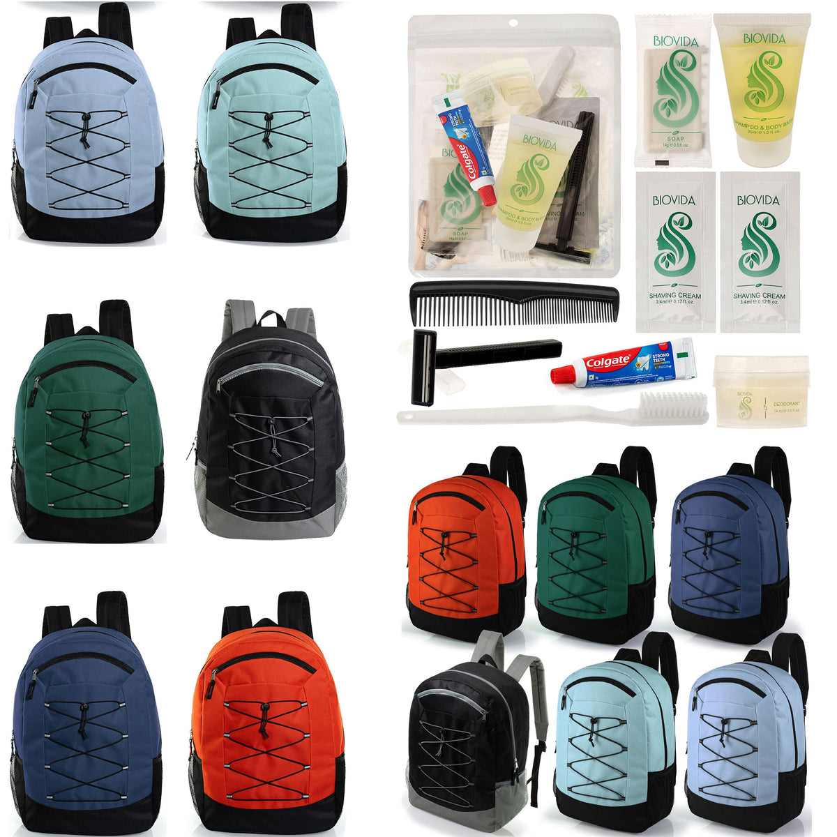 12 Deluxe Padded Large 19" Backpacks with a Laptop Sleeve & Your Choice of 12 Bulk Hygiene Kits - Wholesale Care Package: Homeless, Emergency, Charity
