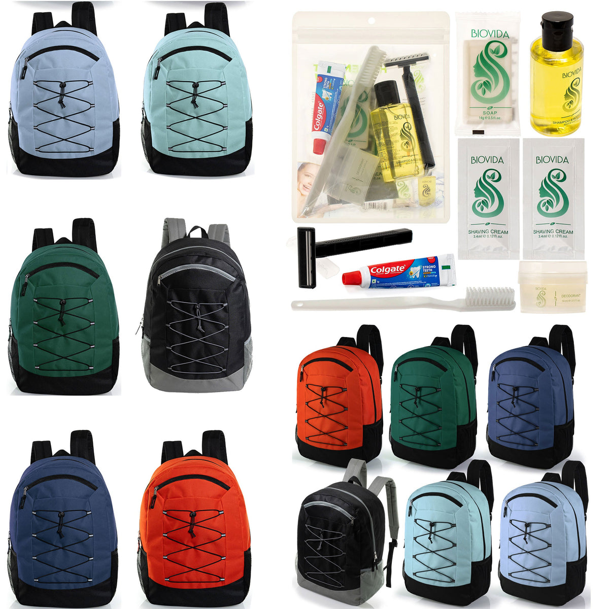 12 Deluxe Padded Large 19" Backpacks with a Laptop Sleeve & Your Choice of 12 Bulk Hygiene Kits - Wholesale Care Package: Homeless, Emergency, Charity