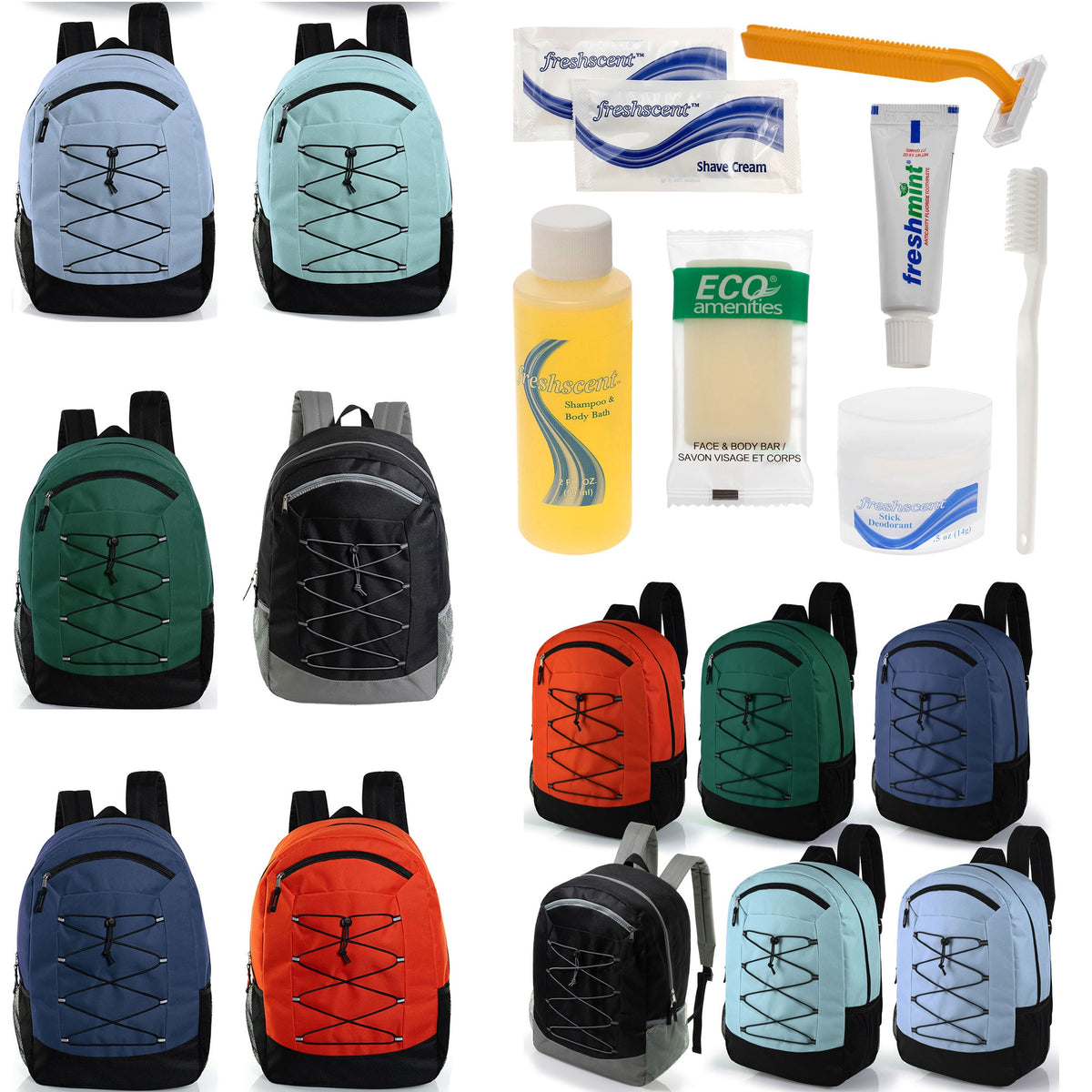 12 Deluxe Padded Large 19" Backpacks with a Laptop Sleeve & Your Choice of 12 Bulk Hygiene Kits - Wholesale Care Package: Homeless, Emergency, Charity