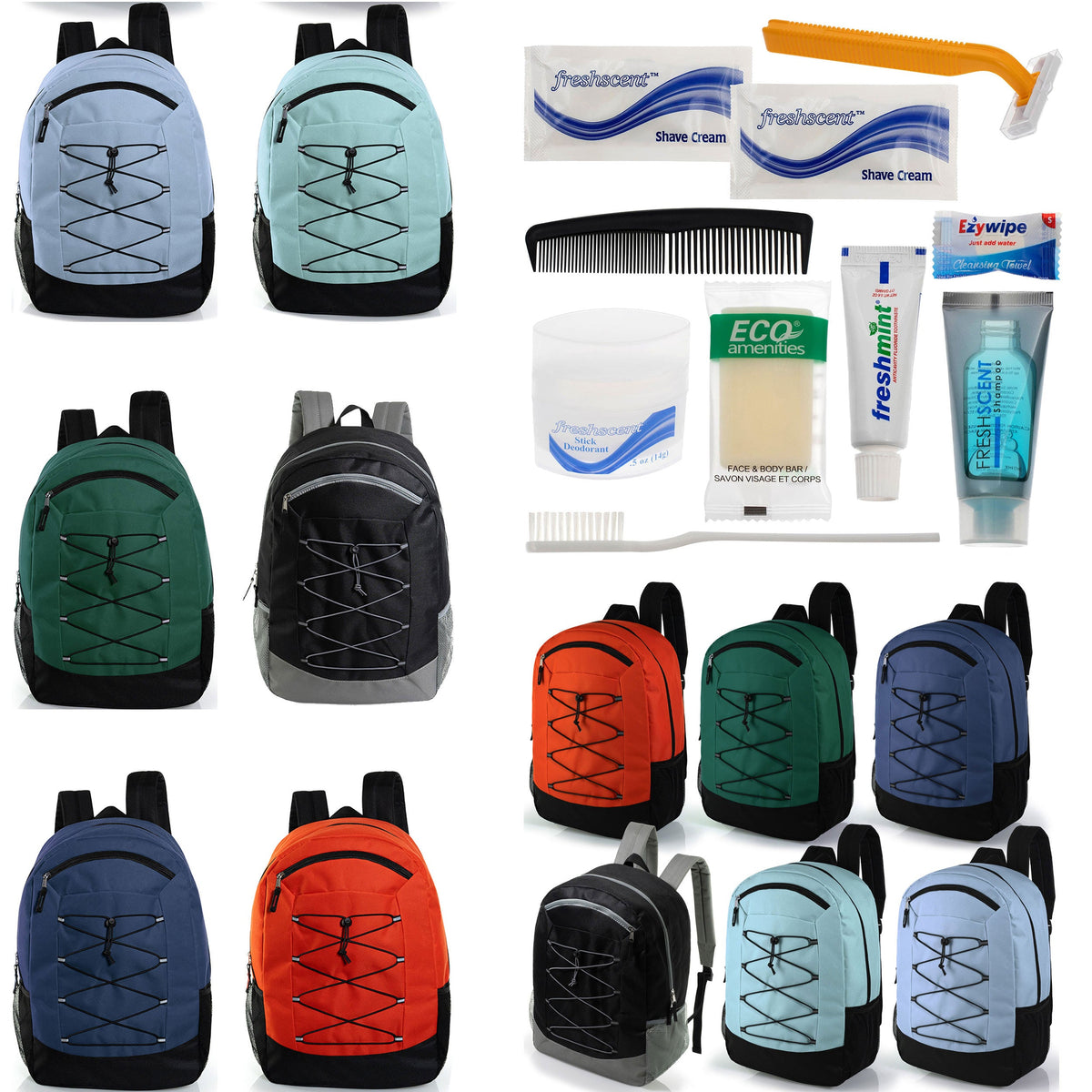 12 Deluxe Padded Large 19" Backpacks with a Laptop Sleeve & Your Choice of 12 Bulk Hygiene Kits - Wholesale Care Package: Homeless, Emergency, Charity