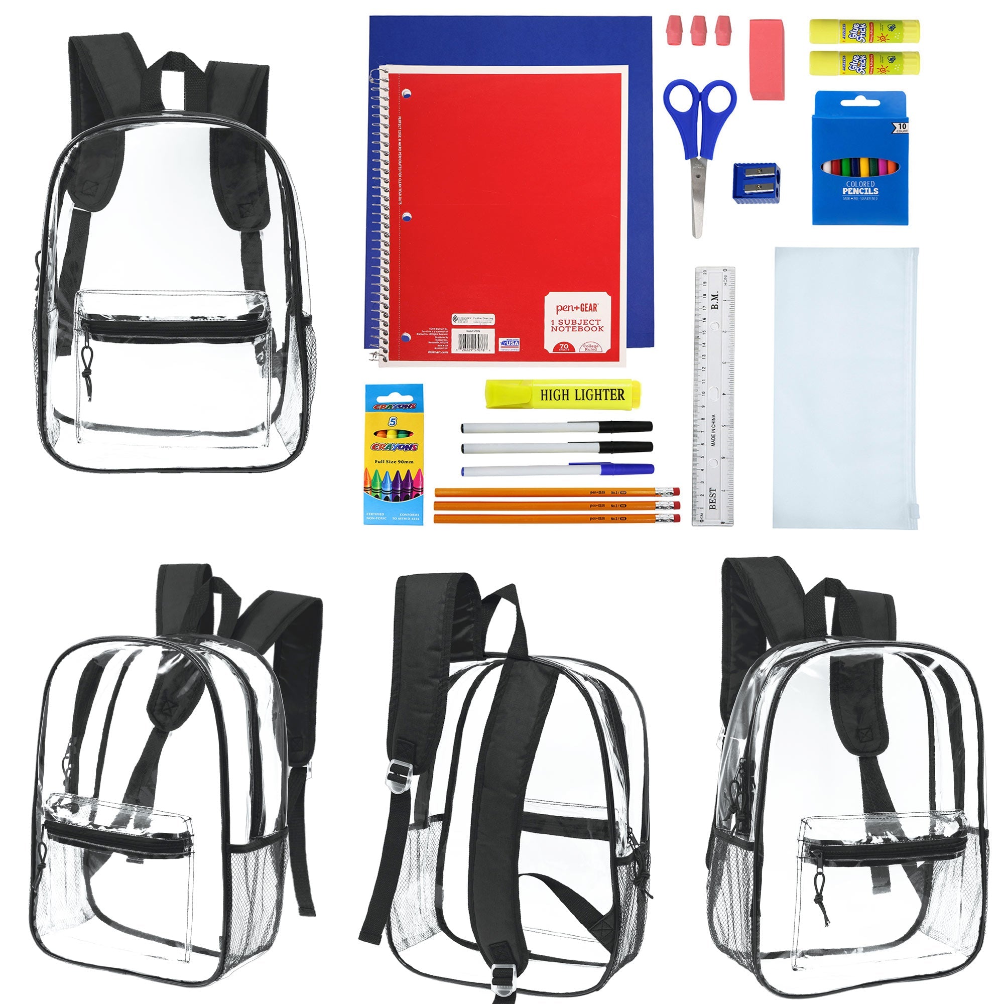 got your backpack mini school kit 12 Wholesale 17" Clear Backpacks with Black Trim & 12 Bulk School Supply Kits of Your Choice