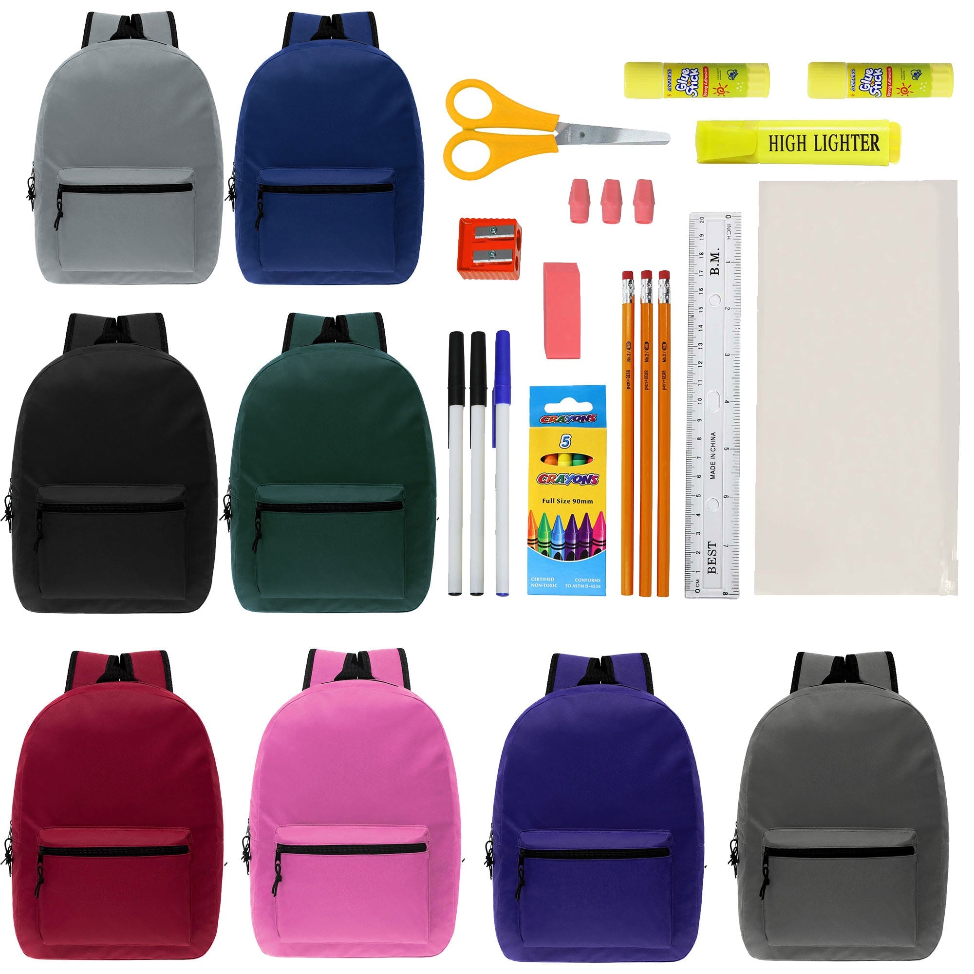 12 Wholesale Kids 15" Backpacks in 8 Assorted Colors and 12 Bulk School Supply Kits of Your Choice