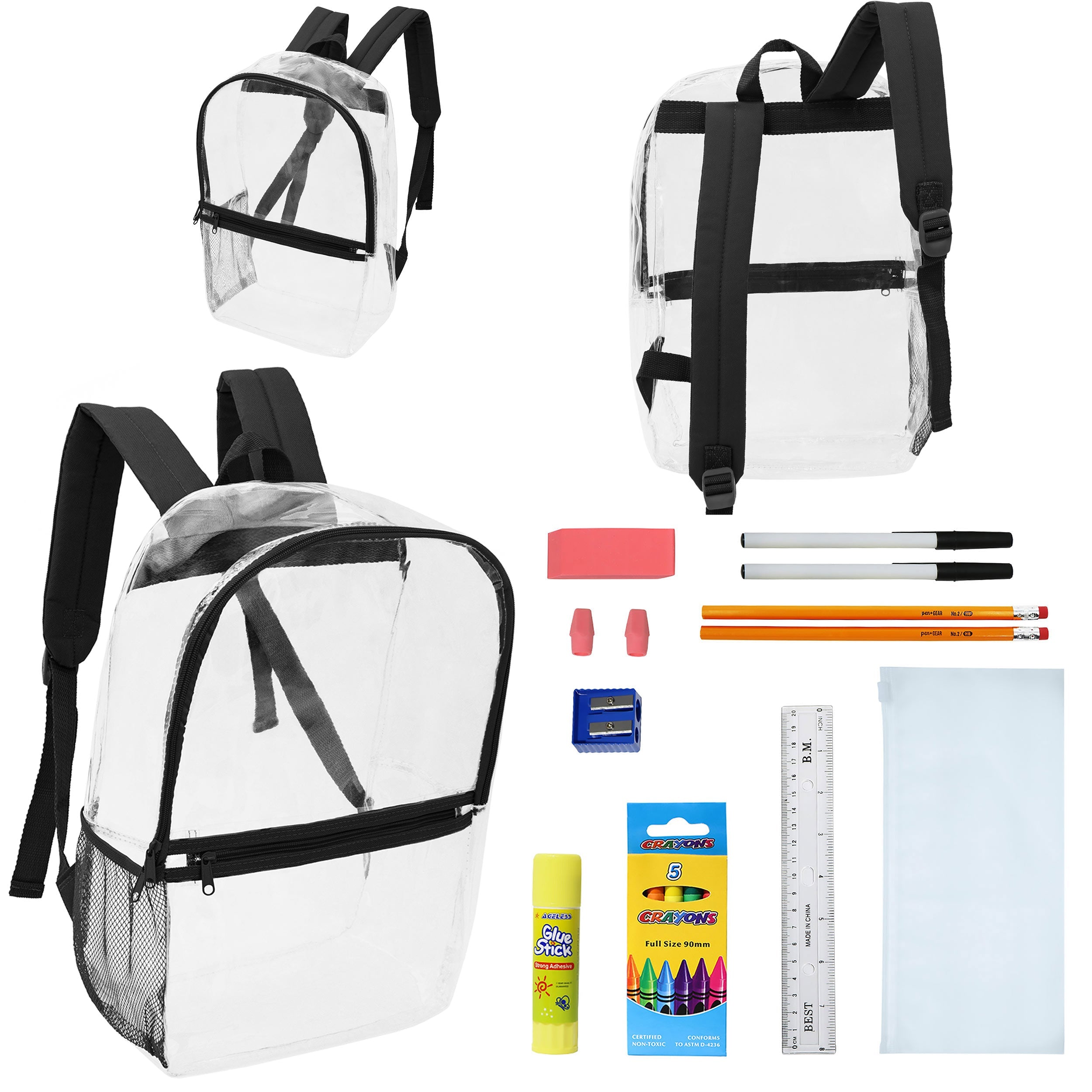 17" Clear Wholesale Backpacks with Black Trim & 12 Bulk School Supply Kits of Your Choice