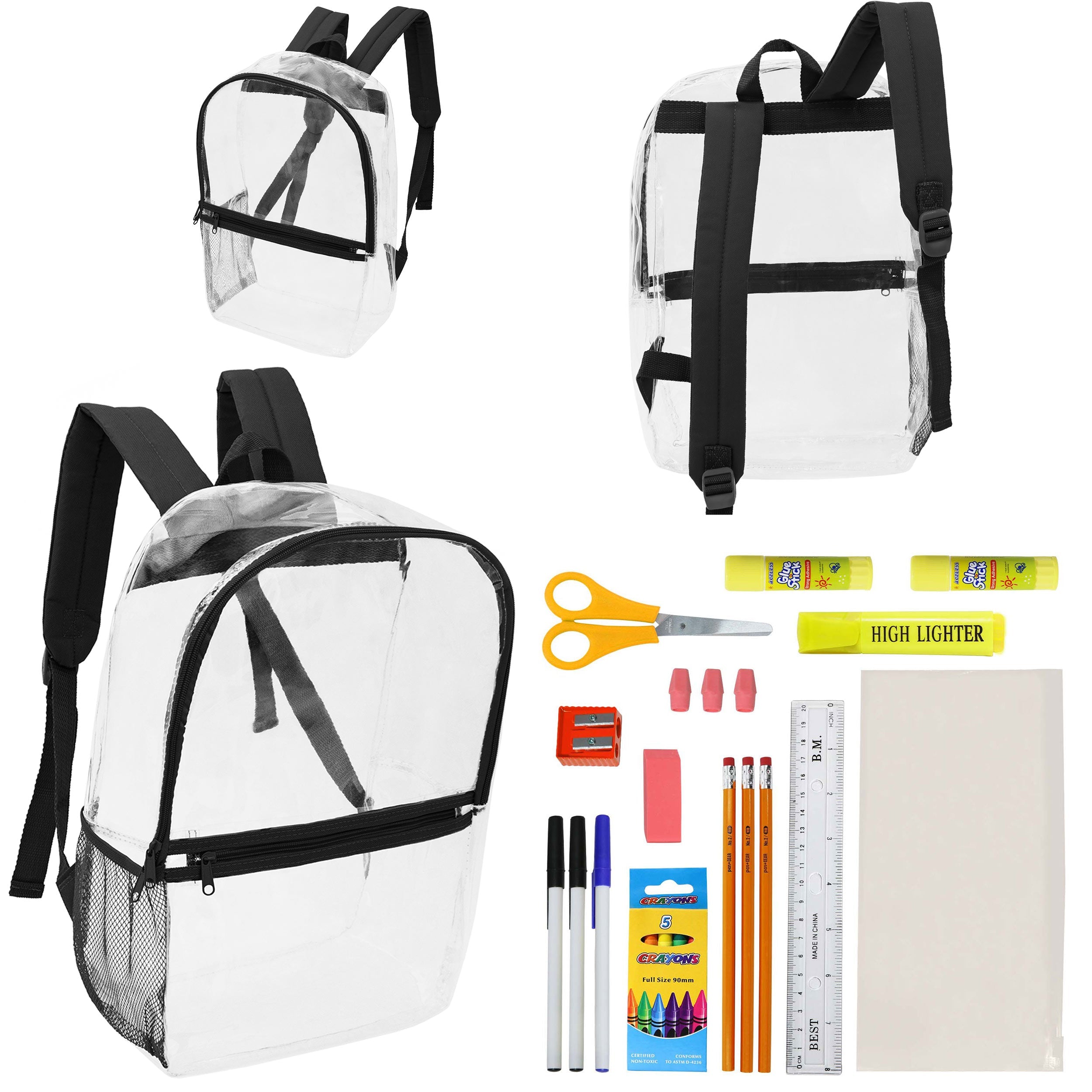 17" Clear Wholesale Backpacks with Black Trim & 12 Bulk School Supply Kits of Your Choice