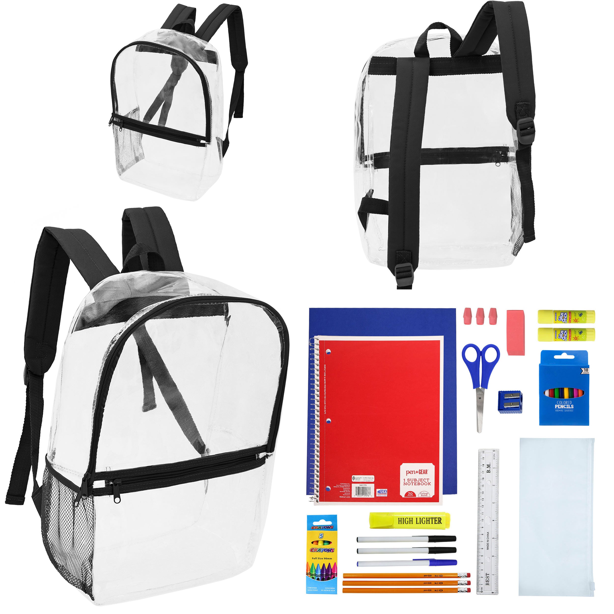 17" Clear Wholesale Backpacks with Black Trim & 12 Bulk School Supply Kits of Your Choice