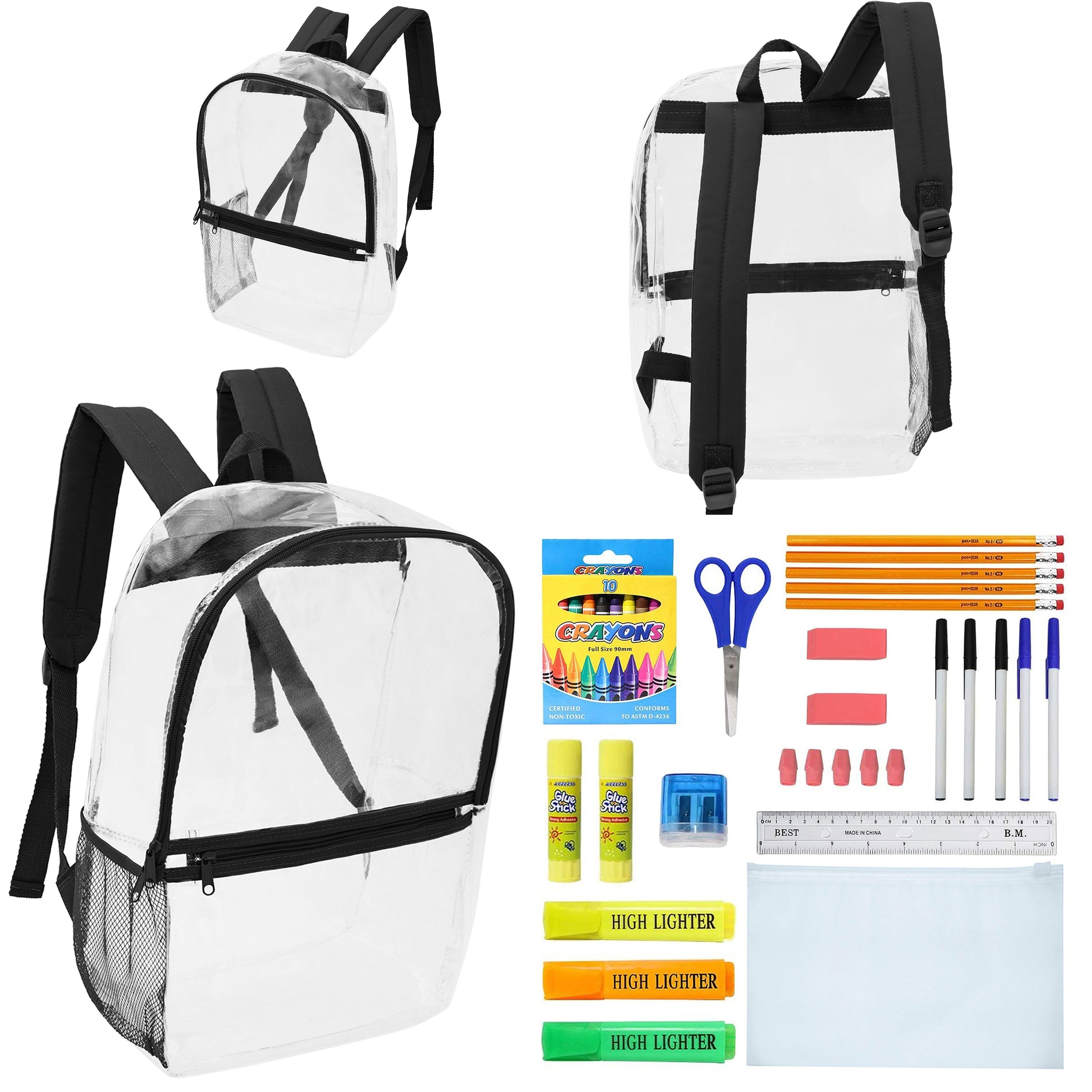 17" Clear Wholesale Backpacks with Black Trim & 12 Bulk School Supply Kits of Your Choice