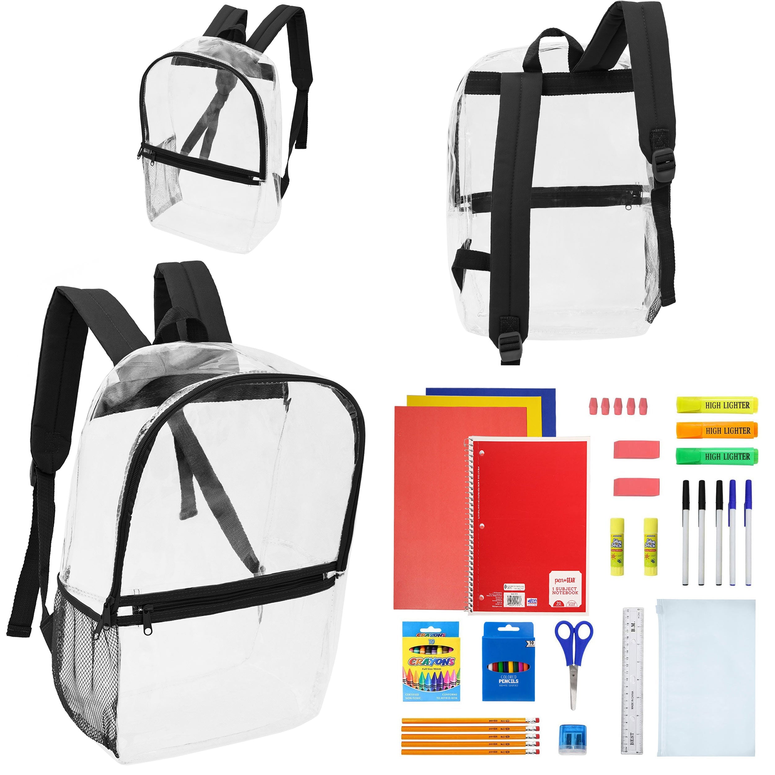 17" Clear Wholesale Backpacks with Black Trim & 12 Bulk School Supply Kits of Your Choice