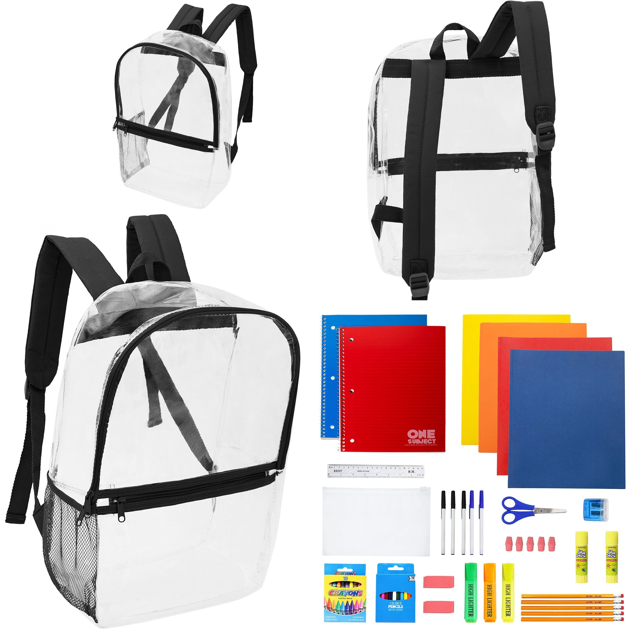 17" Clear Wholesale Backpacks with Black Trim & 12 Bulk School Supply Kits of Your Choice