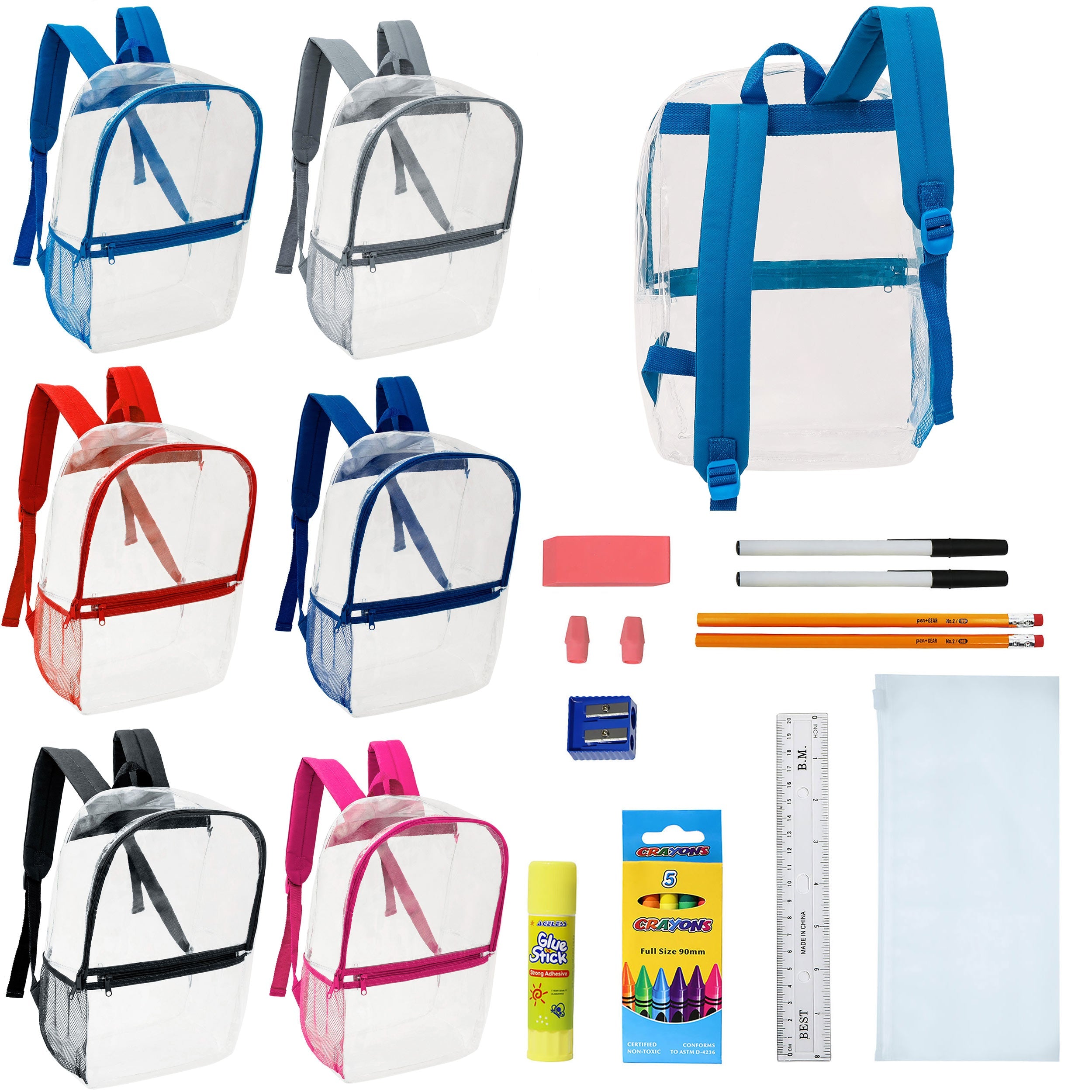 17" Clear Wholesale Backpacks in Assorted Colors & 12 Bulk School Supply Kits of Your Choice