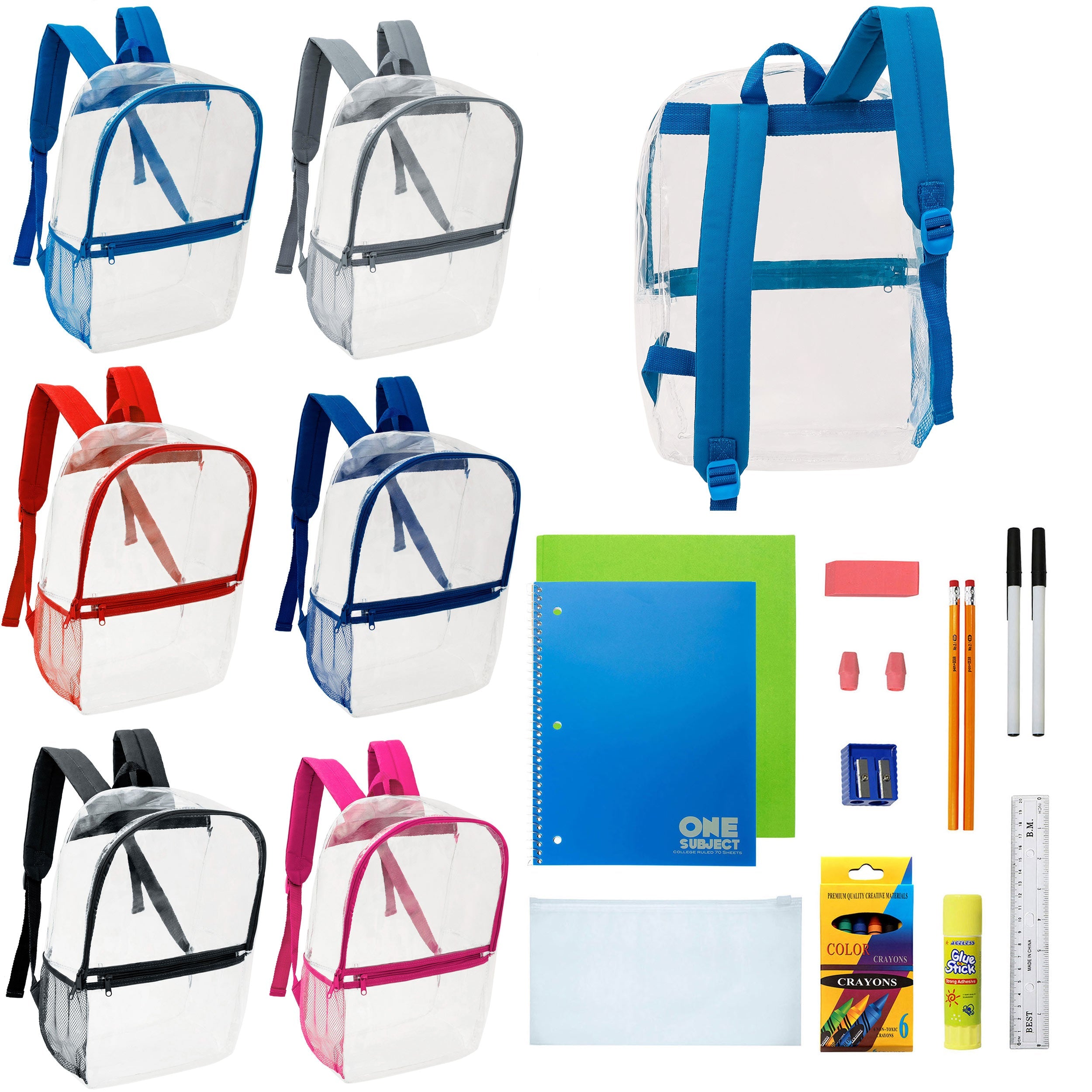 17" Clear Wholesale Backpacks in Assorted Colors & 12 Bulk School Supply Kits of Your Choice