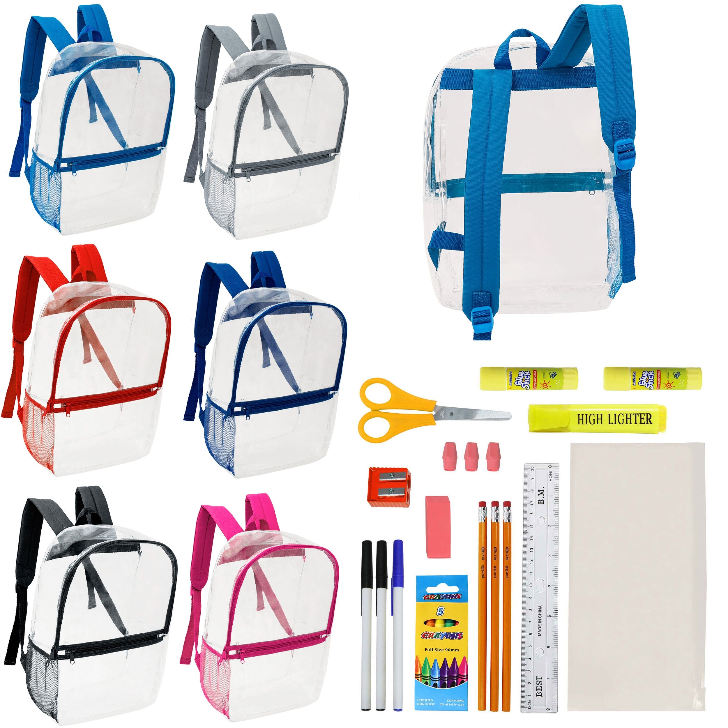 17" Clear Wholesale Backpacks in Assorted Colors & 12 Bulk School Supply Kits of Your Choice