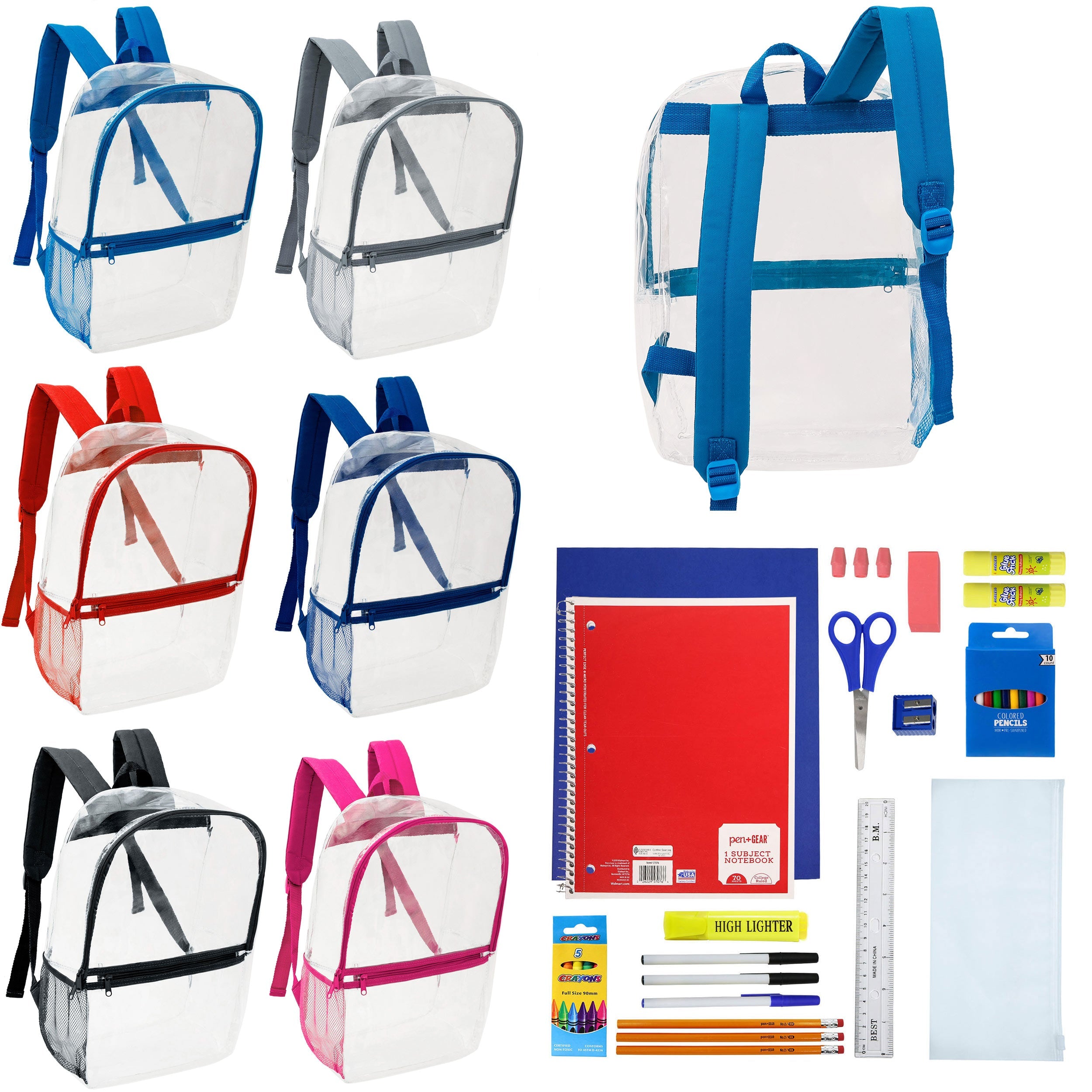 17" Clear Wholesale Backpacks in Assorted Colors & 12 Bulk School Supply Kits of Your Choice
