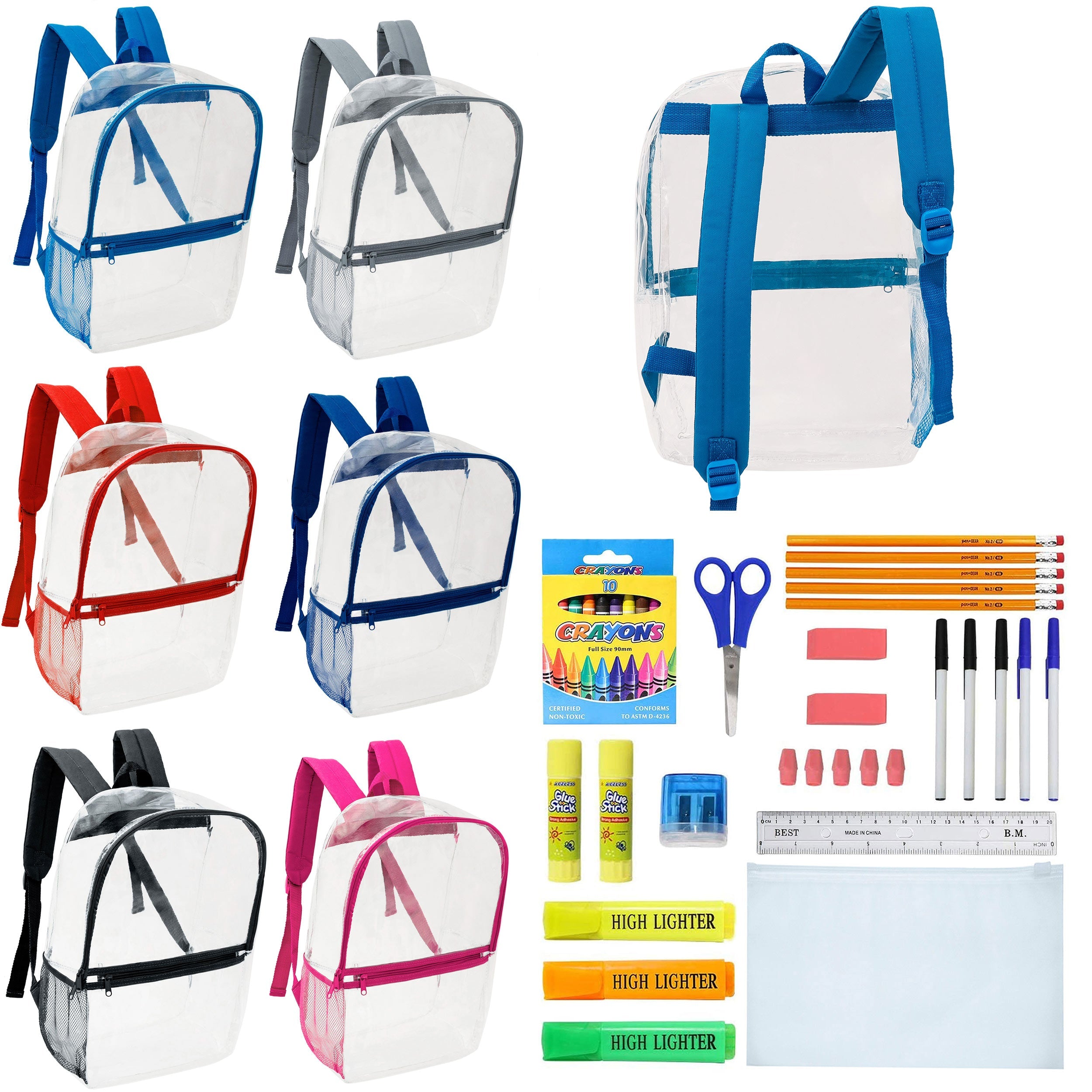 17" Clear Wholesale Backpacks in Assorted Colors & 12 Bulk School Supply Kits of Your Choice