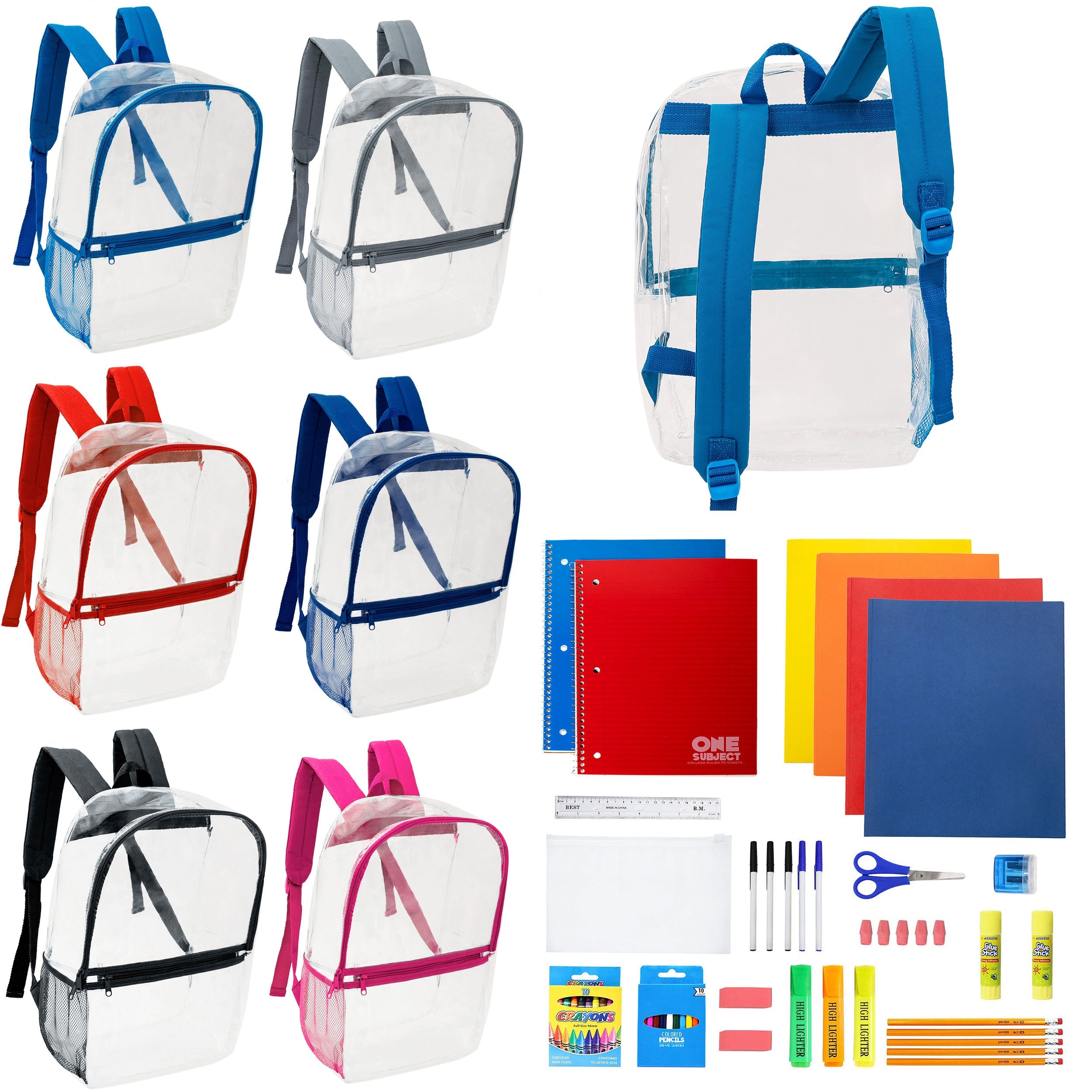 17" Clear Wholesale Backpacks in Assorted Colors & 12 Bulk School Supply Kits of Your Choice