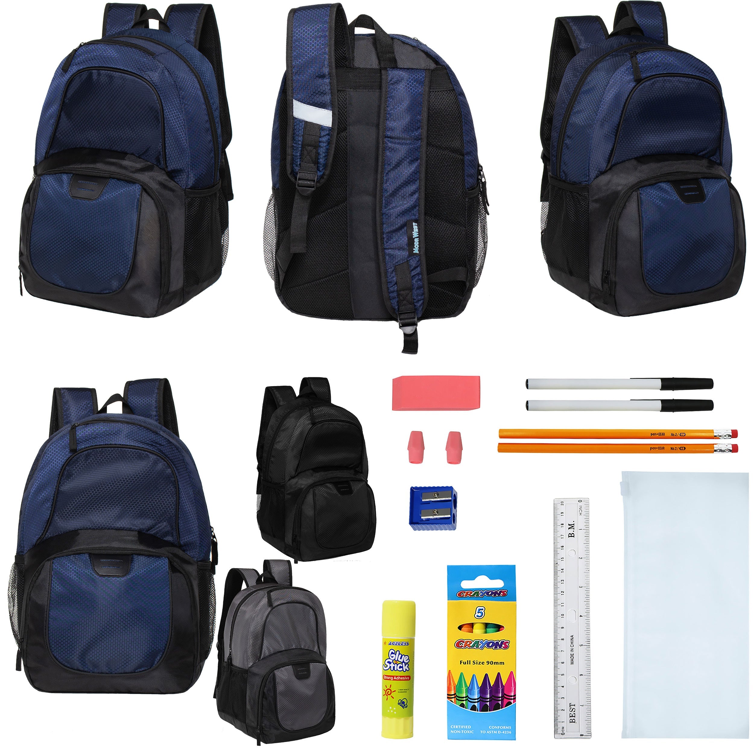 12 Deluxe Wholesale 18" Backpacks w/an Organizer & Laptop Sleeve & 12 Bulk School Supply Kits of Your Choice