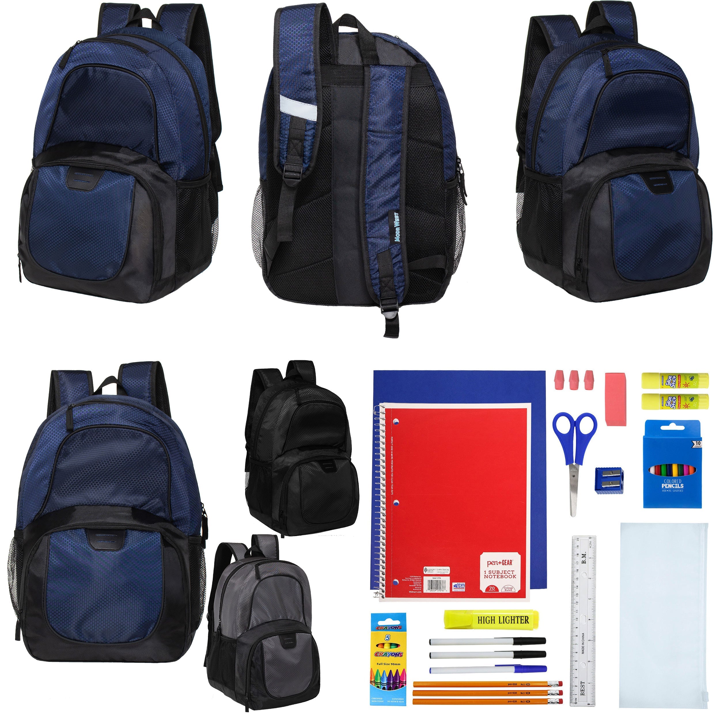 12 Deluxe Wholesale 18" Backpacks w/an Organizer & Laptop Sleeve & 12 Bulk School Supply Kits of Your Choice
