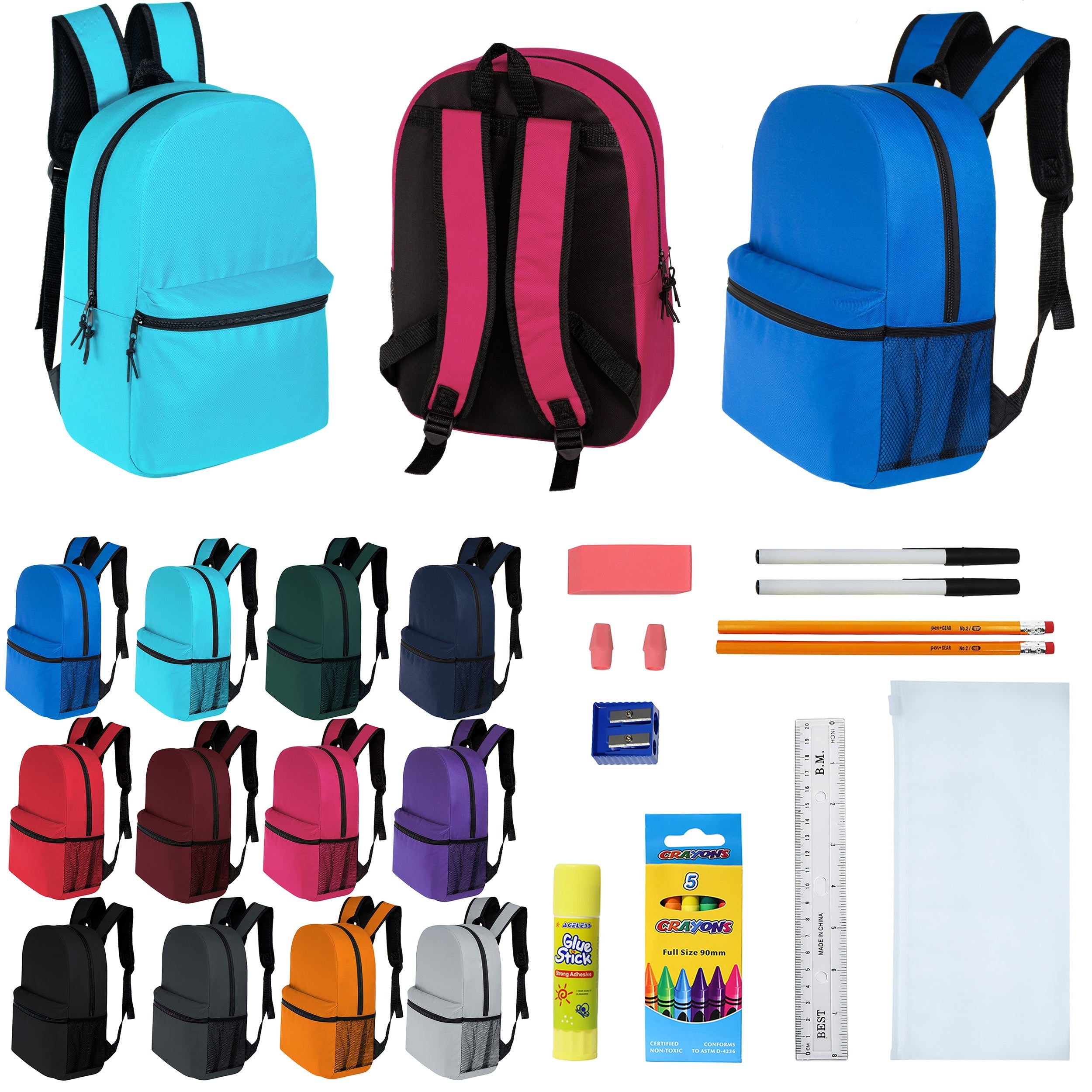 12 Wholesale 16" Basic Backpacks in 12 Assorted Colors & 12 Bulk School Supply Kits of Your Choice