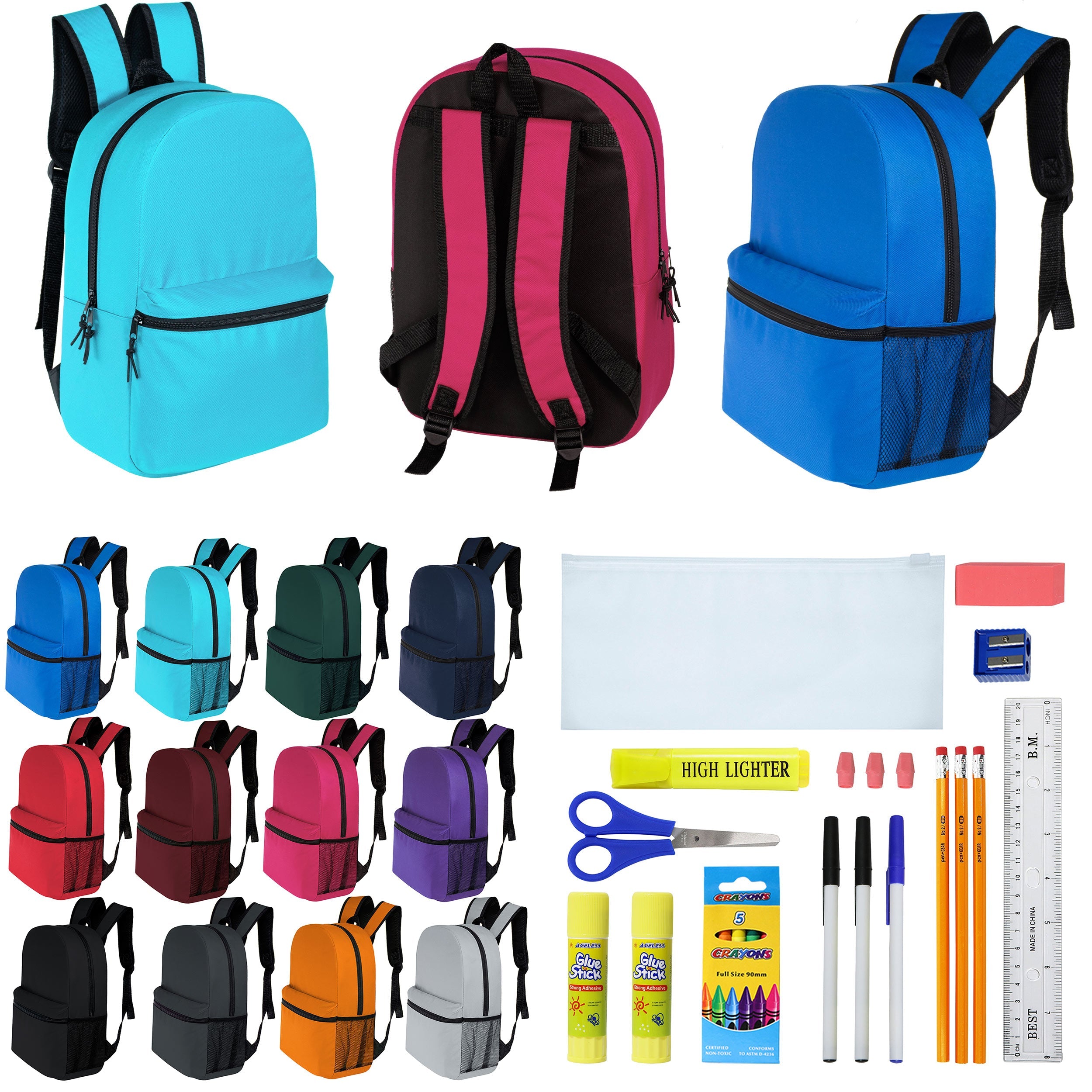 12 Wholesale 16" Basic Backpacks in 12 Assorted Colors & 12 Bulk School Supply Kits of Your Choice