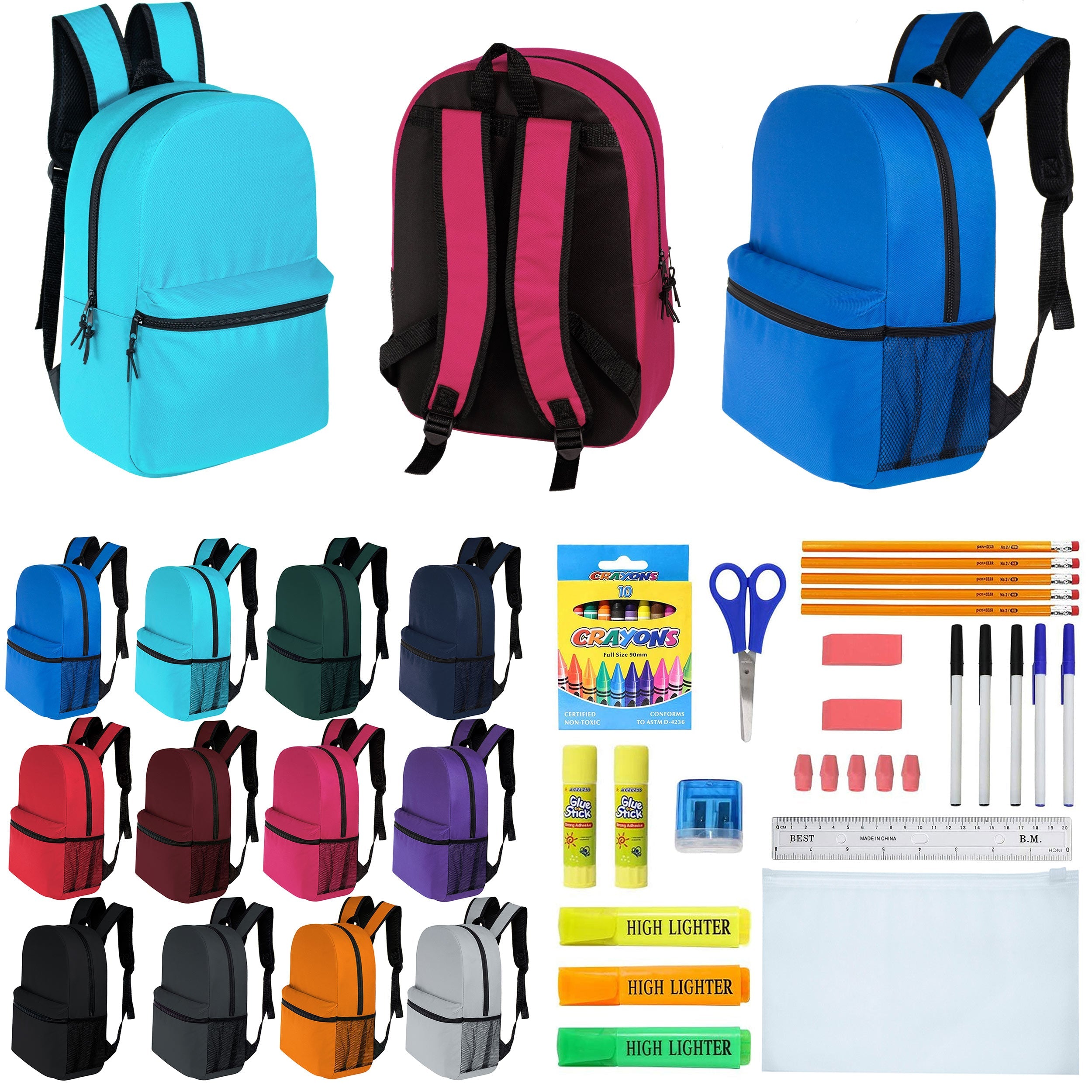 12 Wholesale 16" Basic Backpacks in 12 Assorted Colors & 12 Bulk School Supply Kits of Your Choice