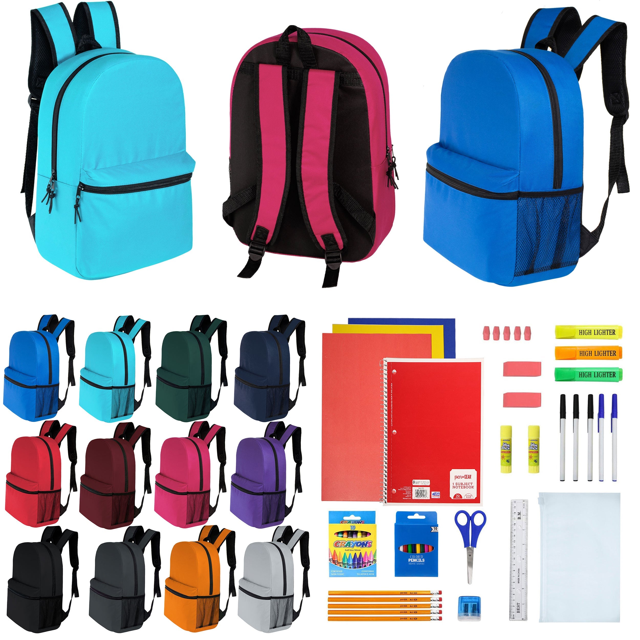 12 Wholesale 16" Basic Backpacks in 12 Assorted Colors & 12 Bulk School Supply Kits of Your Choice