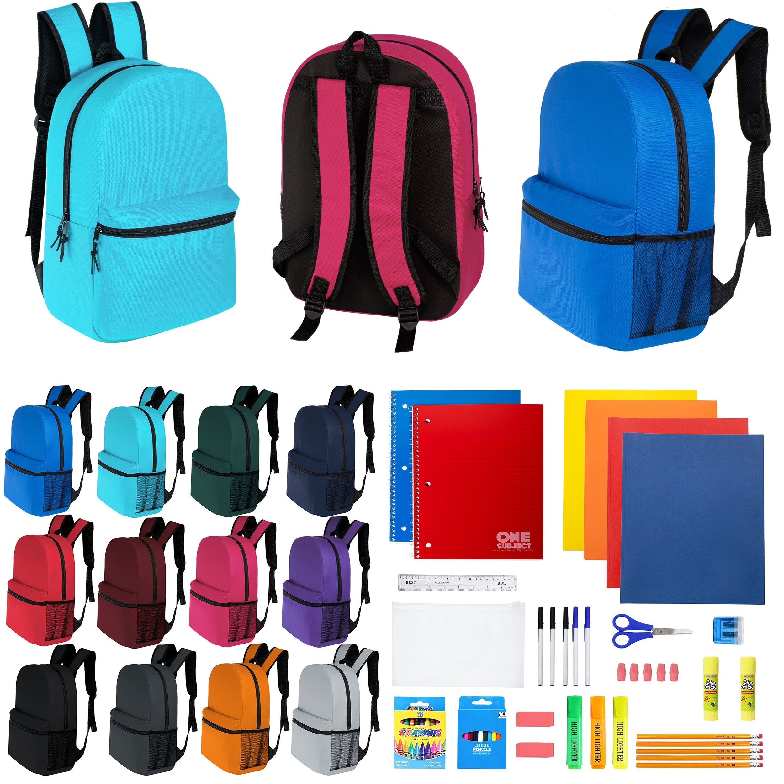12 Wholesale 16" Basic Backpacks in 12 Assorted Colors & 12 Bulk School Supply Kits of Your Choice