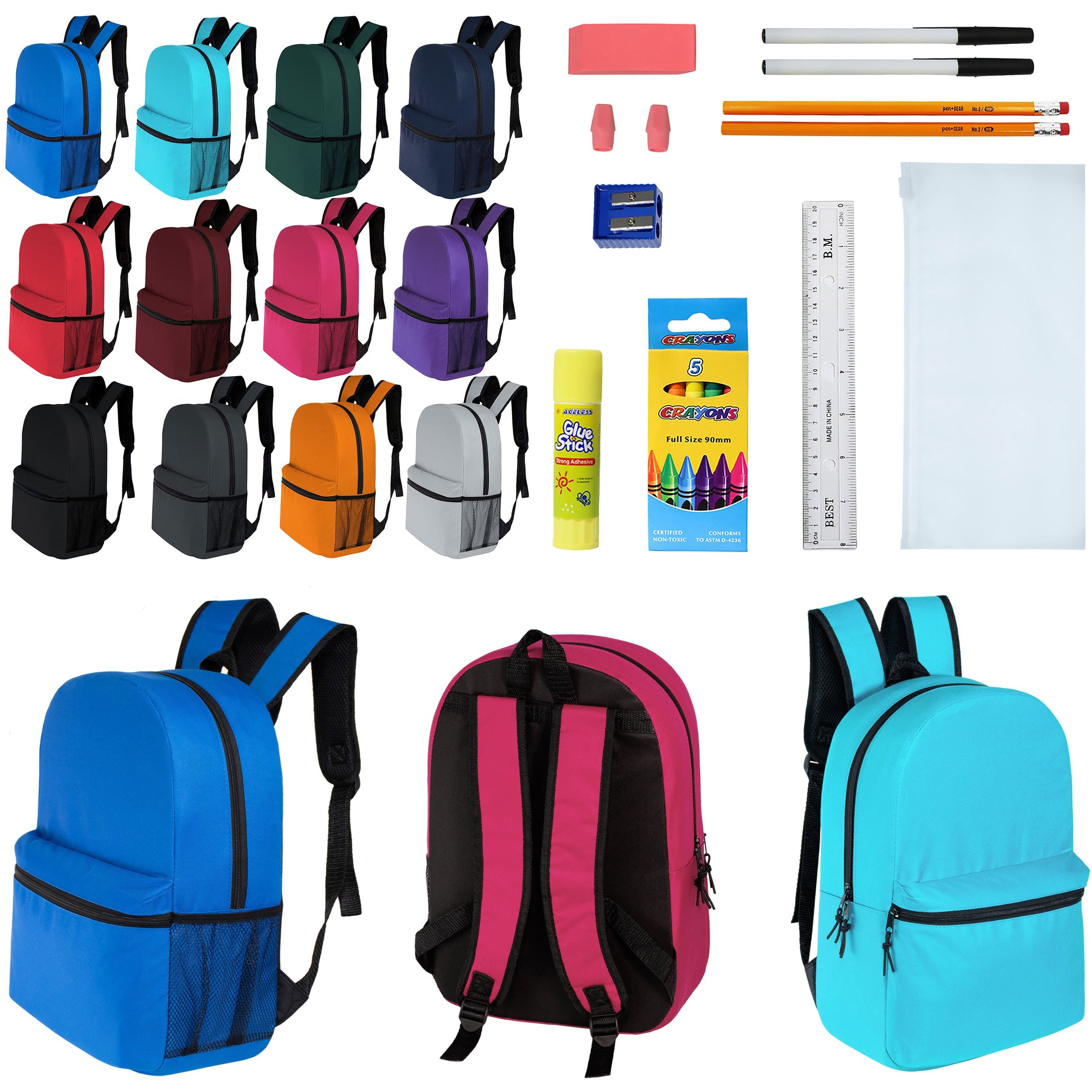 12 Wholesale 17" Classic Backpacks in 12 Assorted Colors & 12 Bulk School Supply Kits of Your Choice