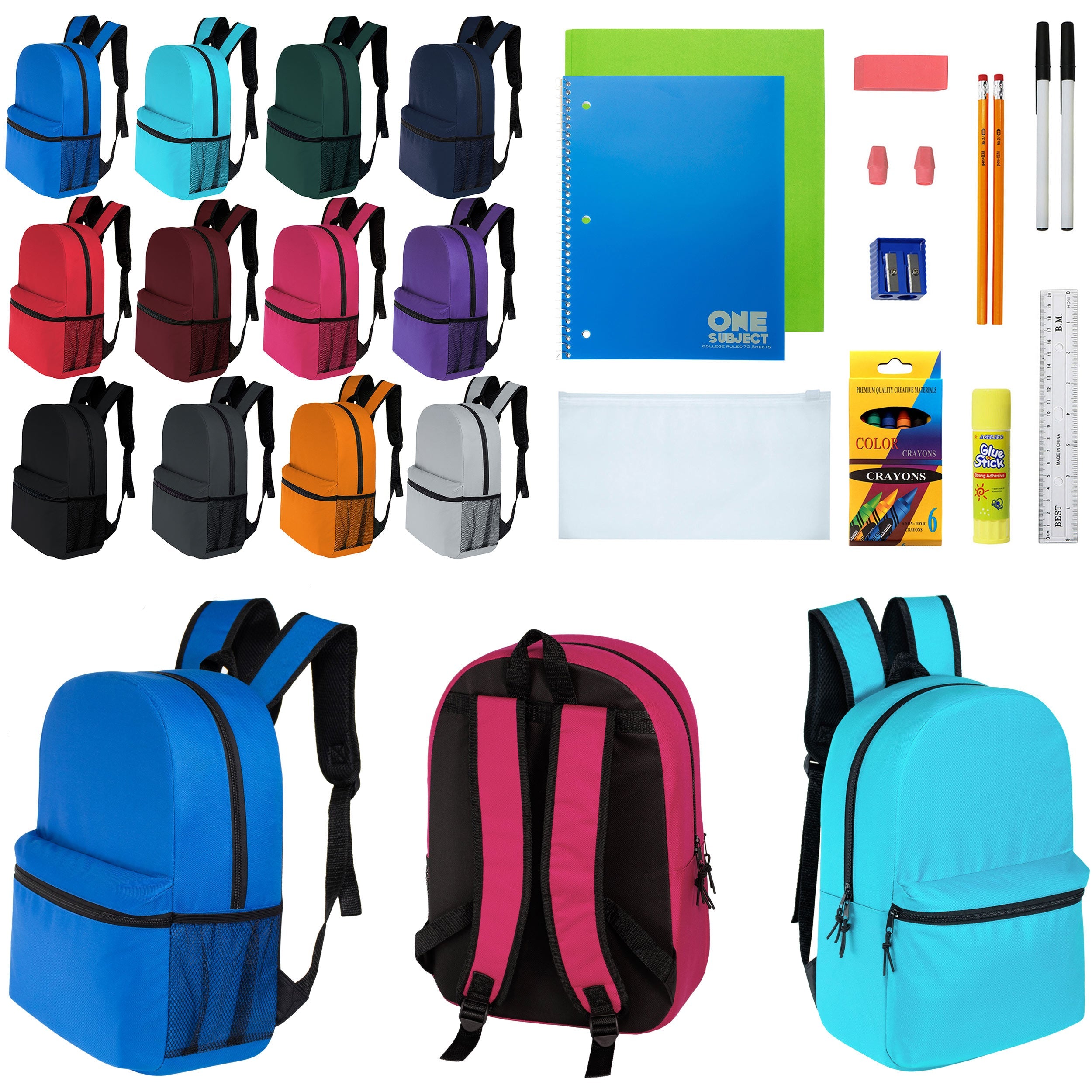 12 Wholesale 17" Classic Backpacks in 12 Assorted Colors & 12 Bulk School Supply Kits of Your Choice
