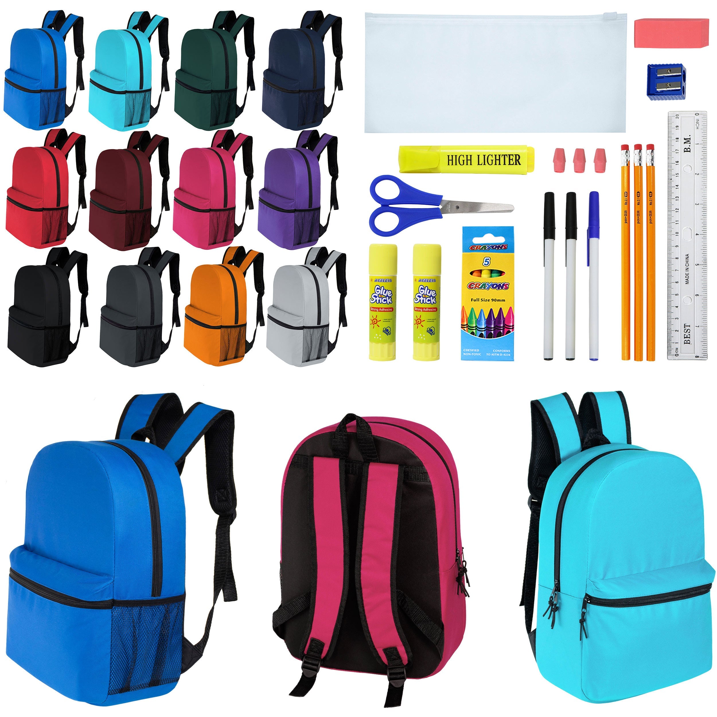 12 Wholesale 17" Classic Backpacks in 12 Assorted Colors & 12 Bulk School Supply Kits of Your Choice