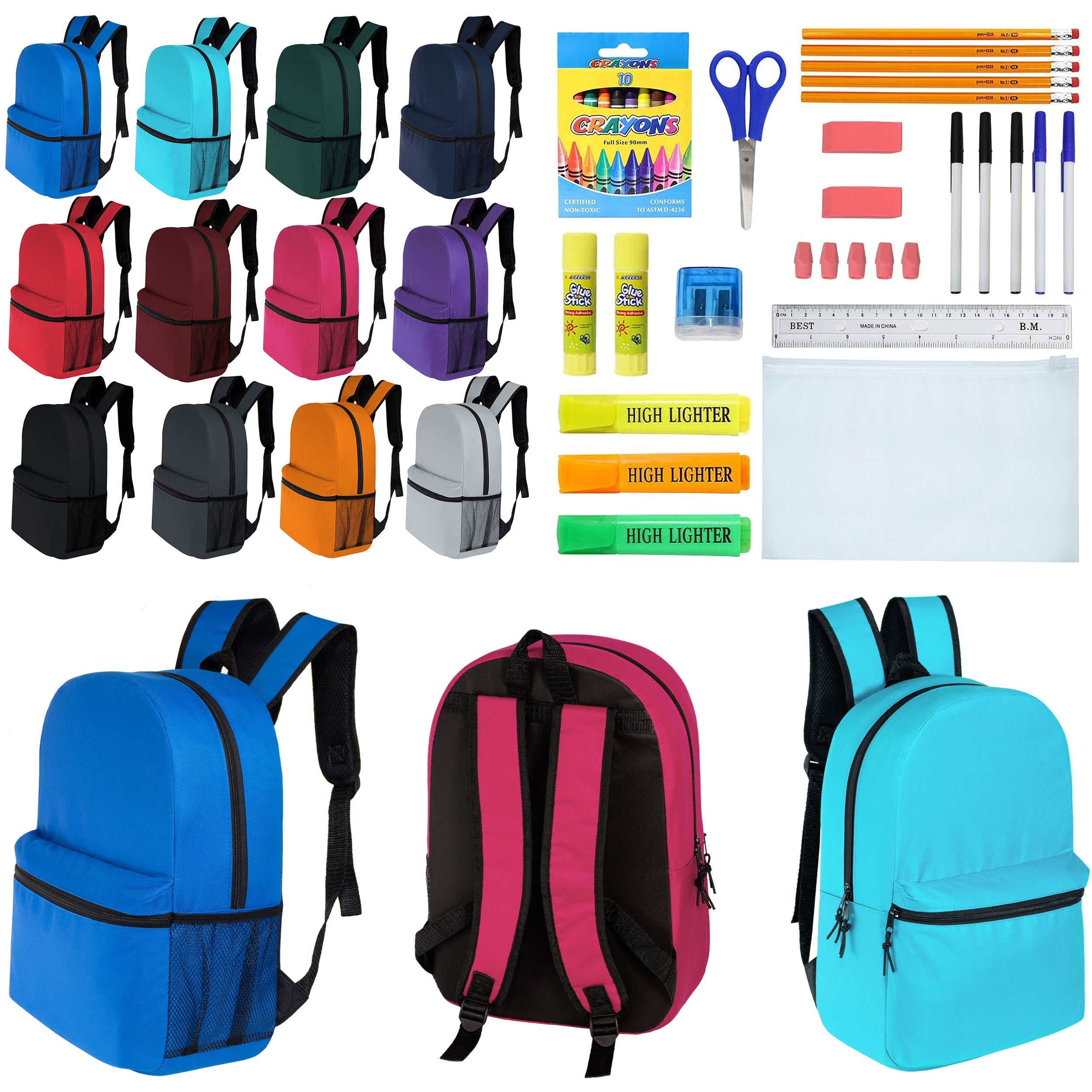 12 Wholesale 17" Classic Backpacks in 12 Assorted Colors & 12 Bulk School Supply Kits of Your Choice