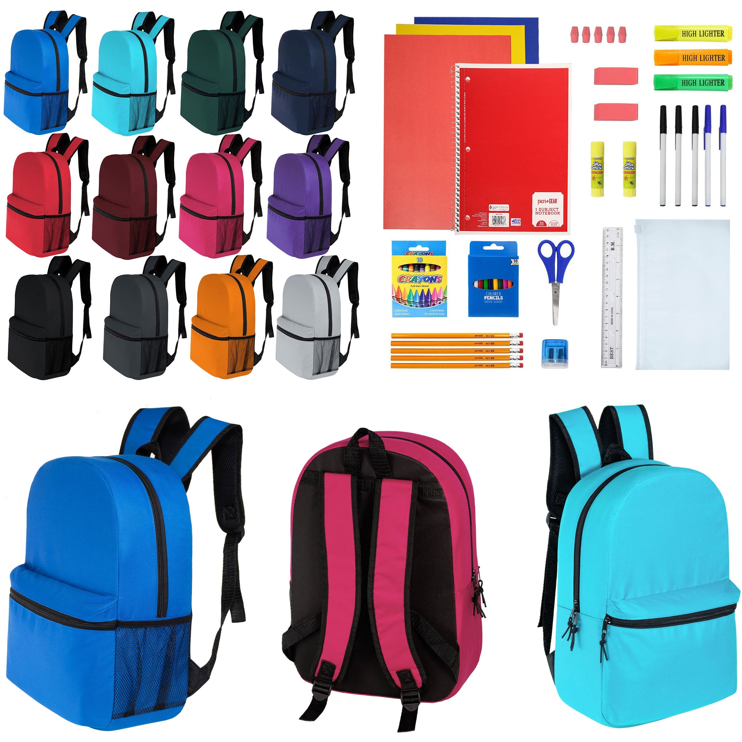12 Wholesale 17" Classic Backpacks in 12 Assorted Colors & 12 Bulk School Supply Kits of Your Choice