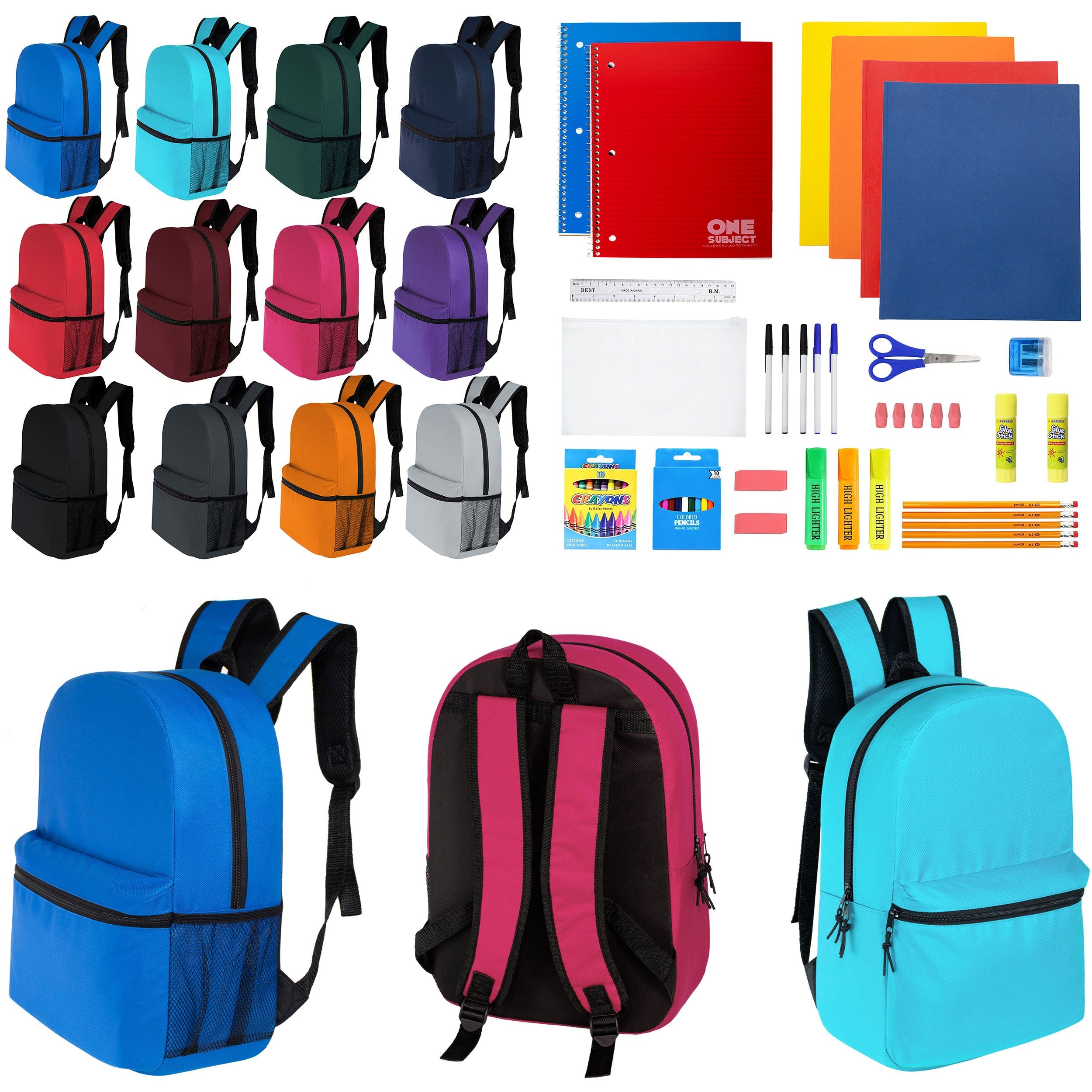 12 Wholesale 17" Classic Backpacks in 12 Assorted Colors & 12 Bulk School Supply Kits of Your Choice