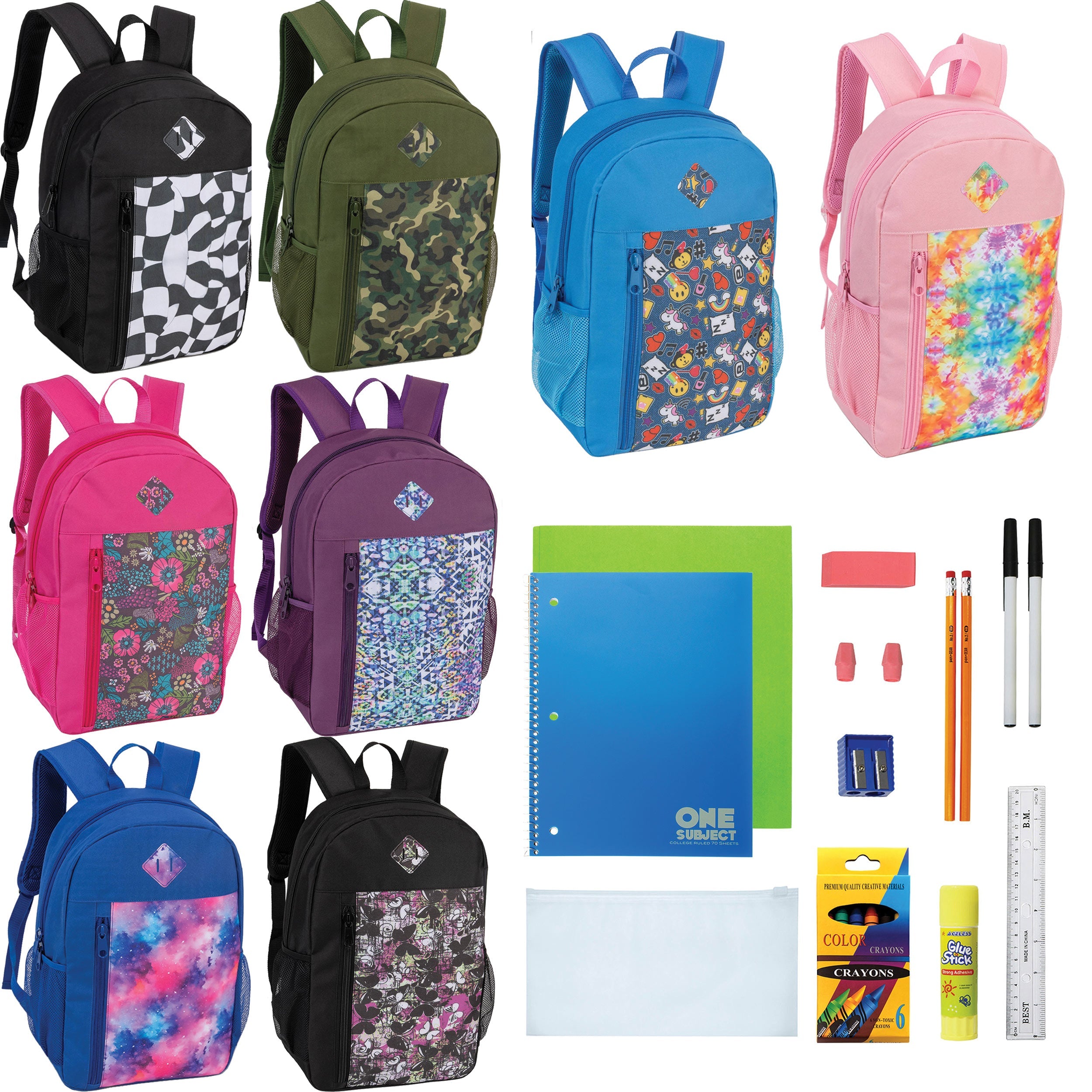 19" Padded Back Patterned Wholesale Backpacks & 12 Bulk School Supply Kits of Your Choice