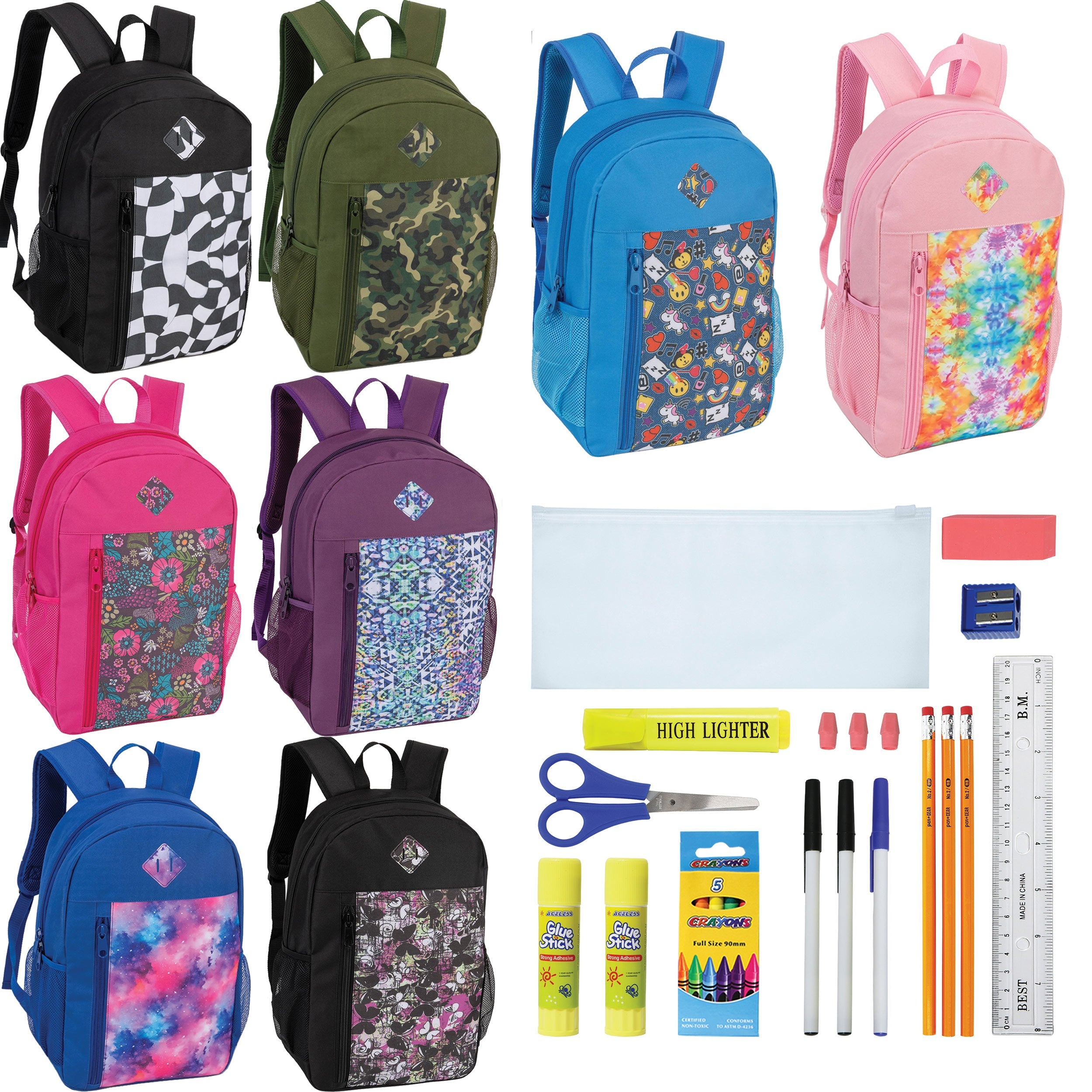 19" Padded Back Patterned Wholesale Backpacks & 12 Bulk School Supply Kits of Your Choice