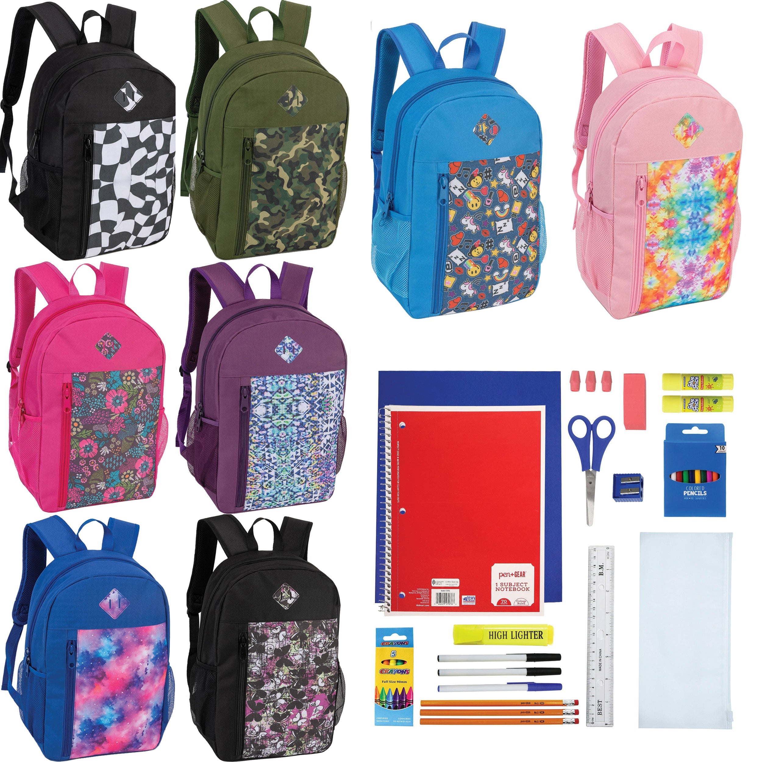 19" Padded Back Patterned Wholesale Backpacks & 12 Bulk School Supply Kits of Your Choice