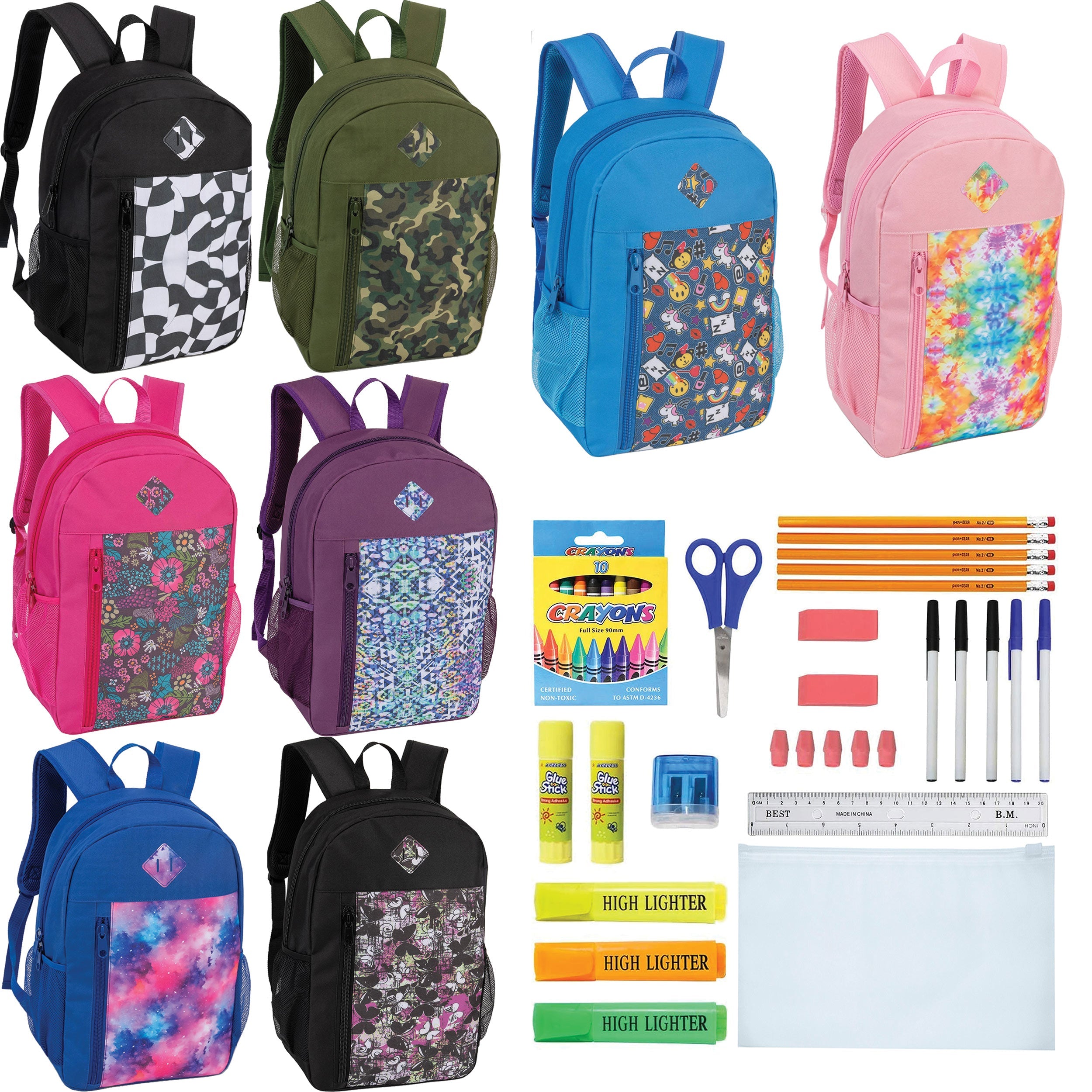 19" Padded Back Patterned Wholesale Backpacks & 12 Bulk School Supply Kits of Your Choice