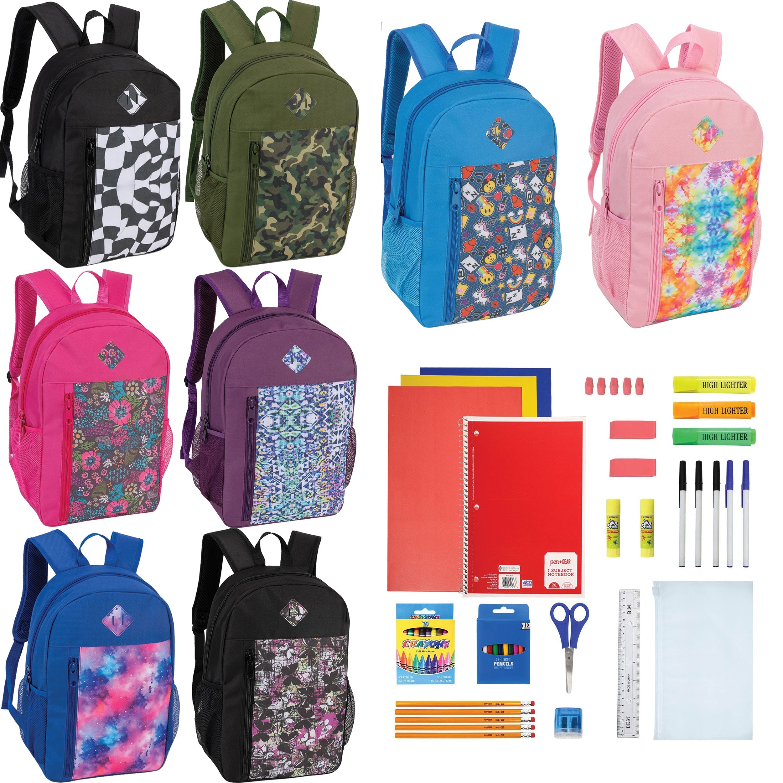19" Padded Back Patterned Wholesale Backpacks & 12 Bulk School Supply Kits of Your Choice