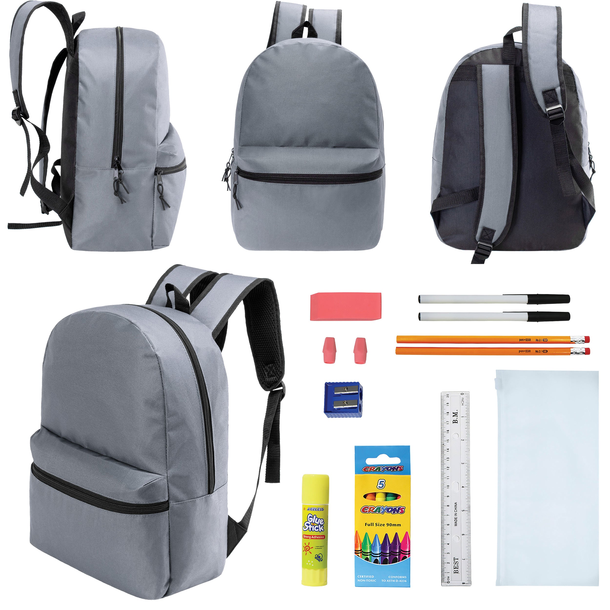 12 Wholesale 17" Basic Backpacks in Cool Gray & 12 Bulk School Supply Kits of Your Choice