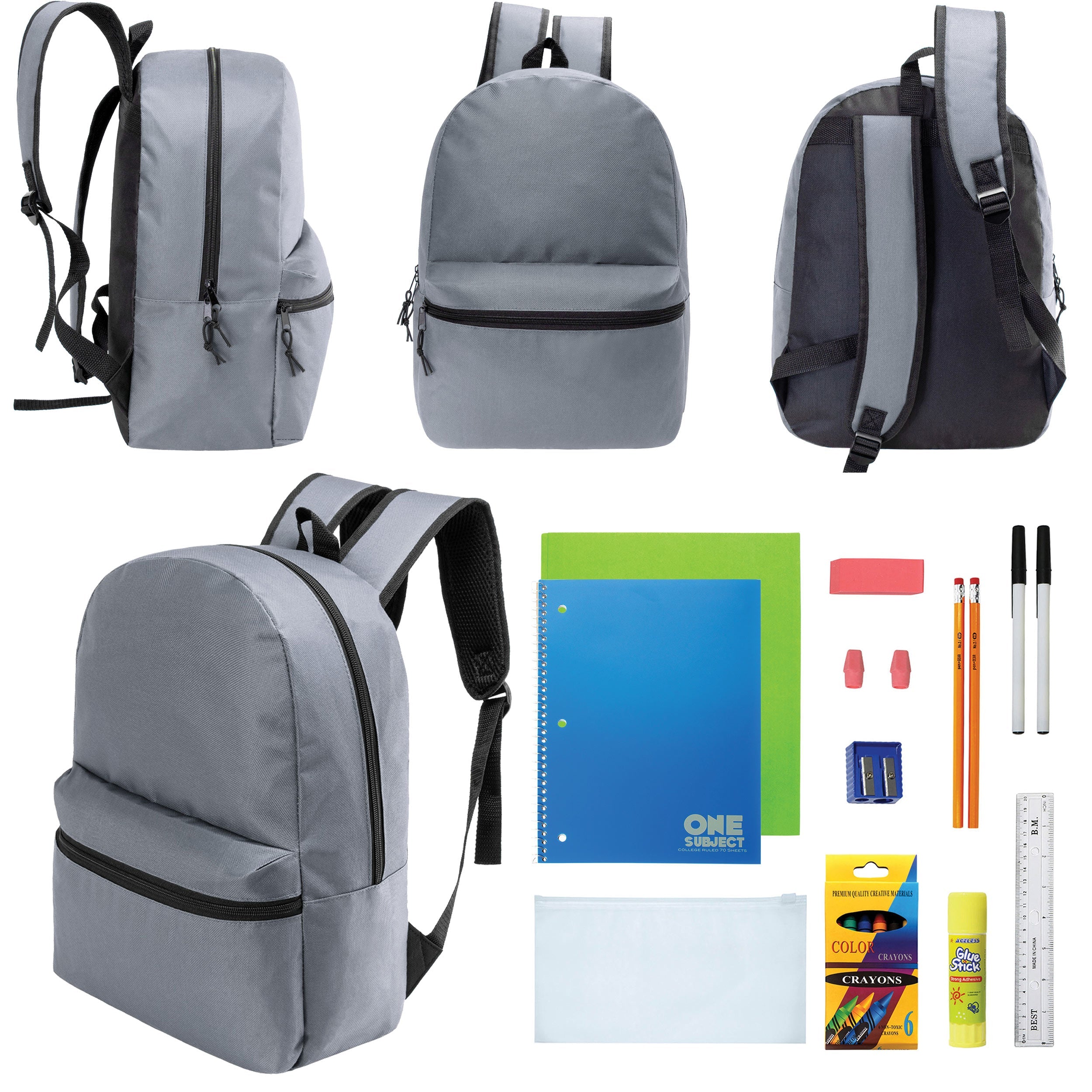 12 Wholesale 17" Basic Backpacks in Cool Gray & 12 Bulk School Supply Kits of Your Choice