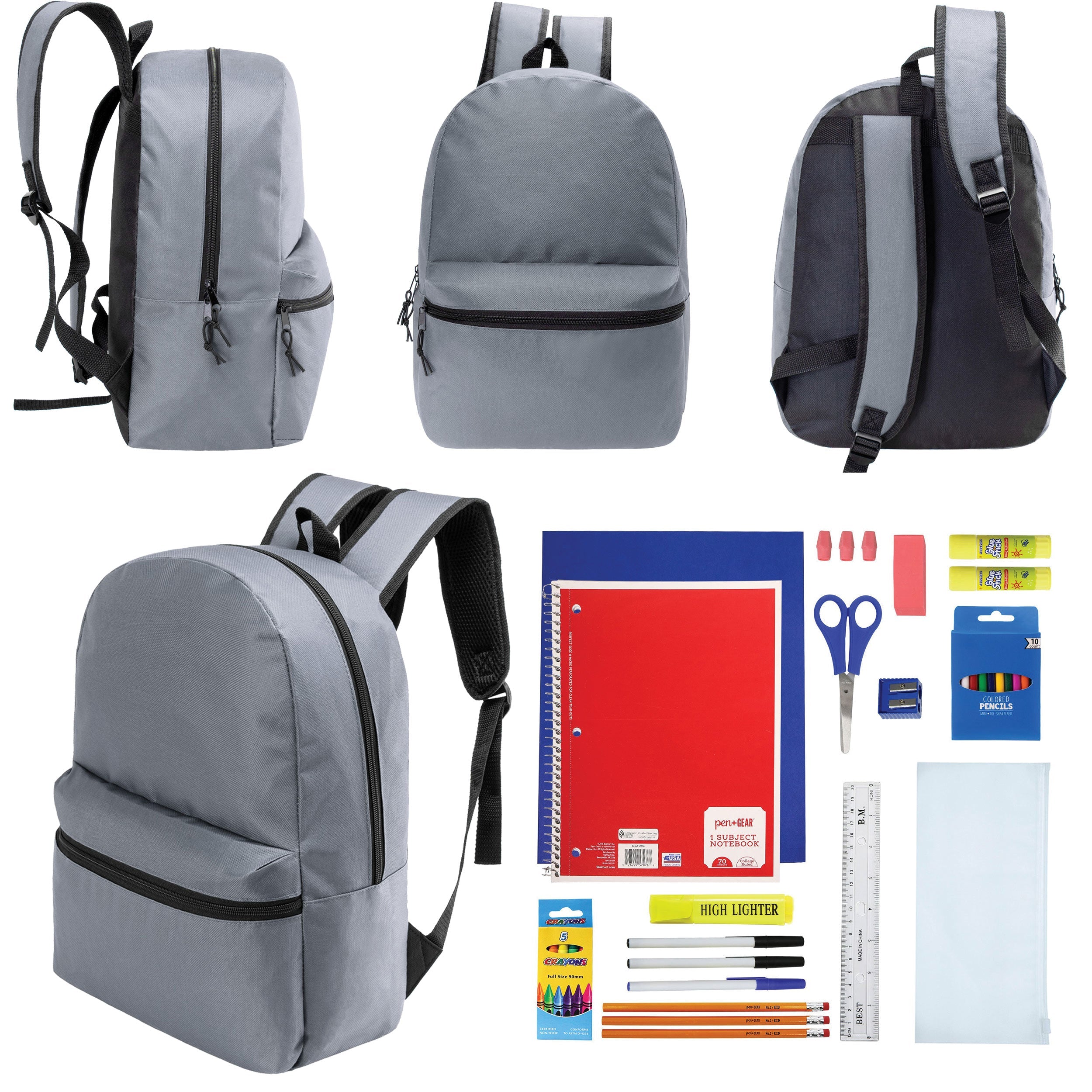 12 Wholesale 17" Basic Backpacks in Cool Gray & 12 Bulk School Supply Kits of Your Choice