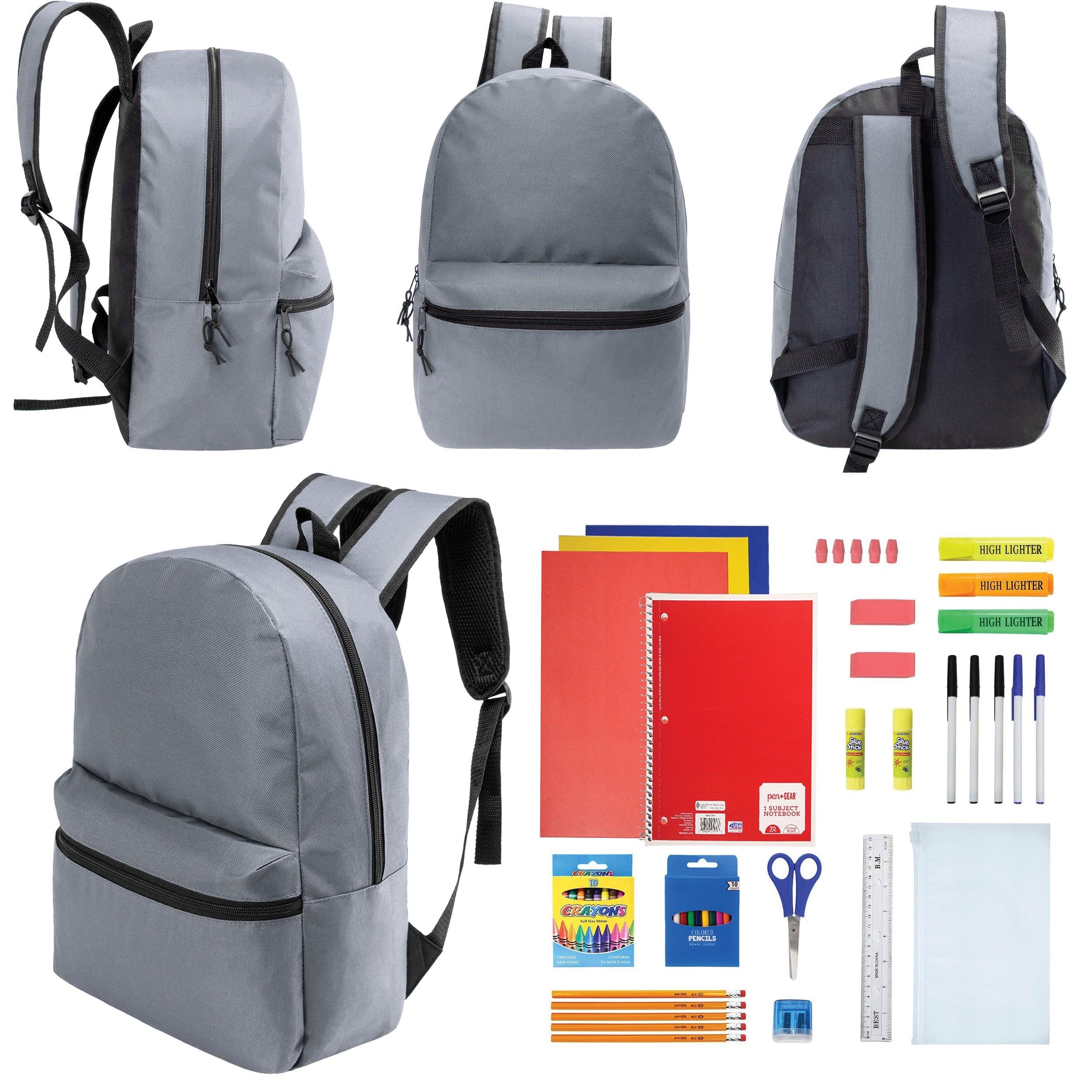 12 Wholesale 17" Basic Backpacks in Cool Gray & 12 Bulk School Supply Kits of Your Choice