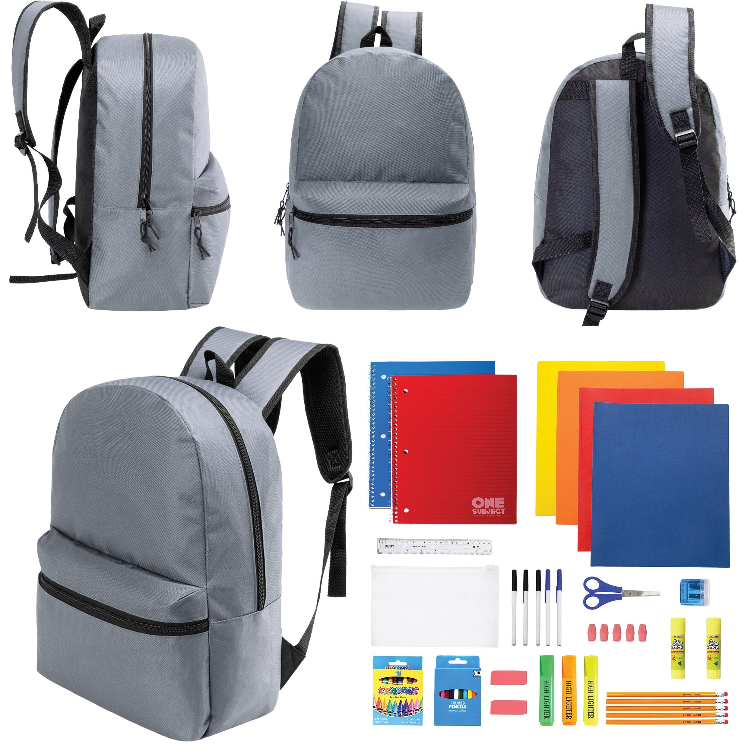 12 Wholesale 17" Basic Backpacks in Cool Gray & 12 Bulk School Supply Kits of Your Choice