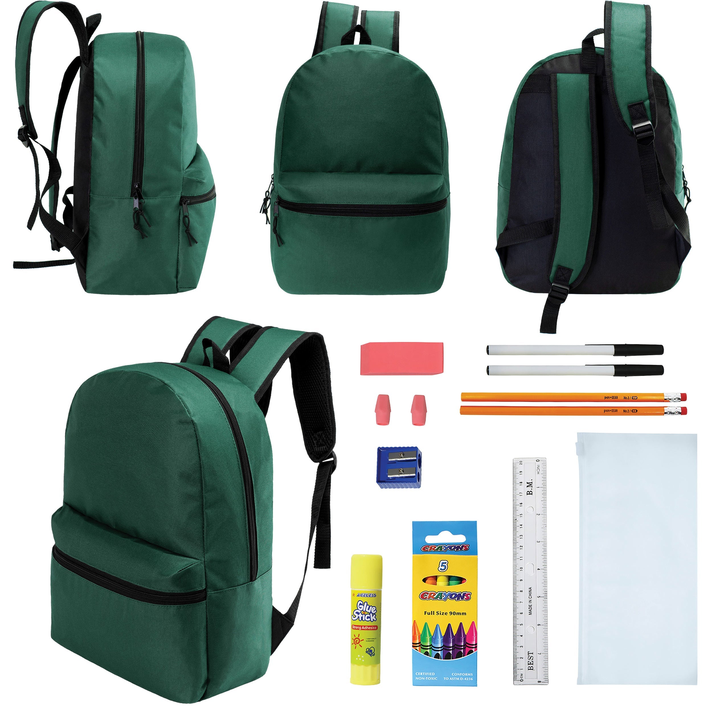 12 Wholesale 17" Basic Backpacks in Dark Green & 12 Bulk School Supply Kits of Your Choice