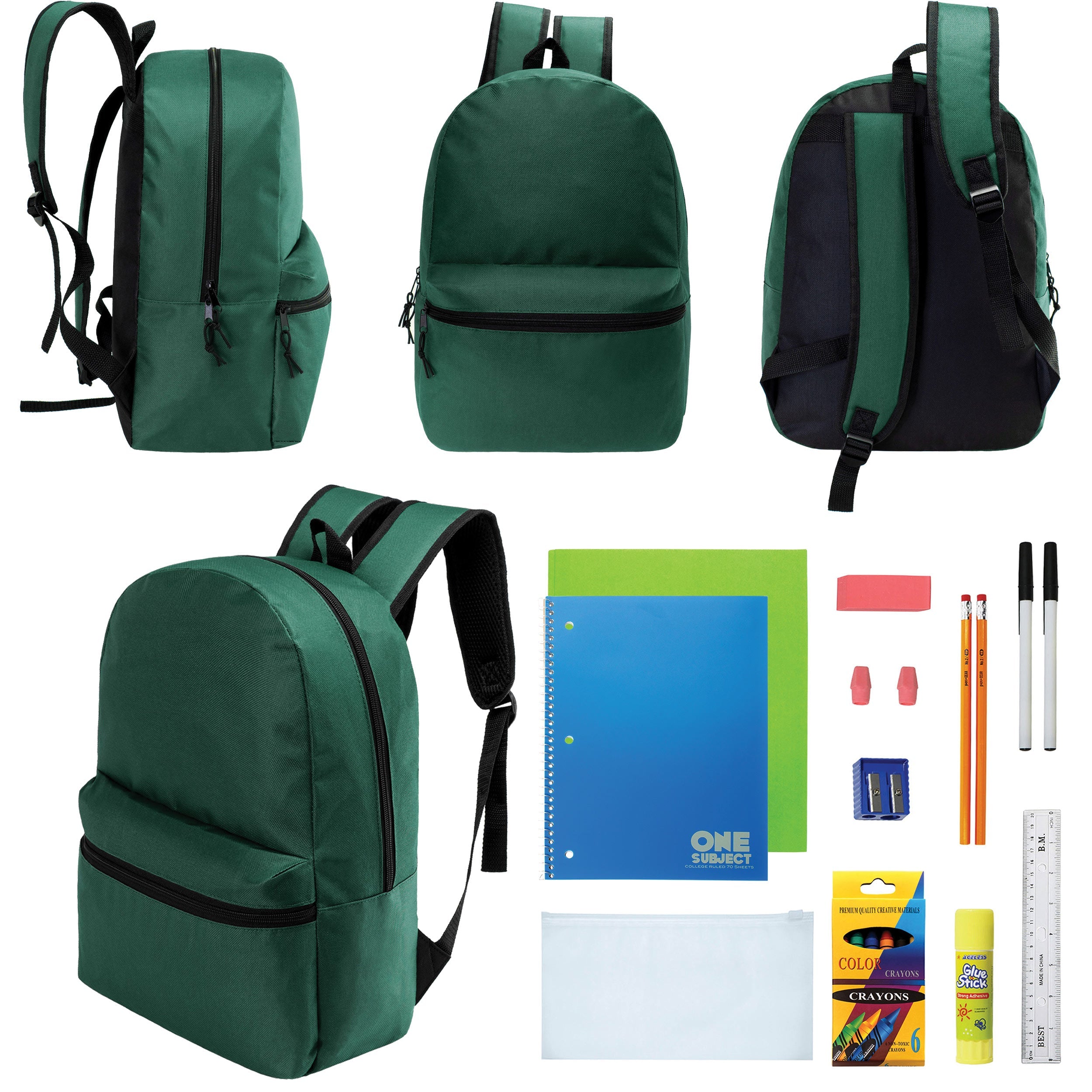 12 Wholesale 17" Basic Backpacks in Dark Green & 12 Bulk School Supply Kits of Your Choice
